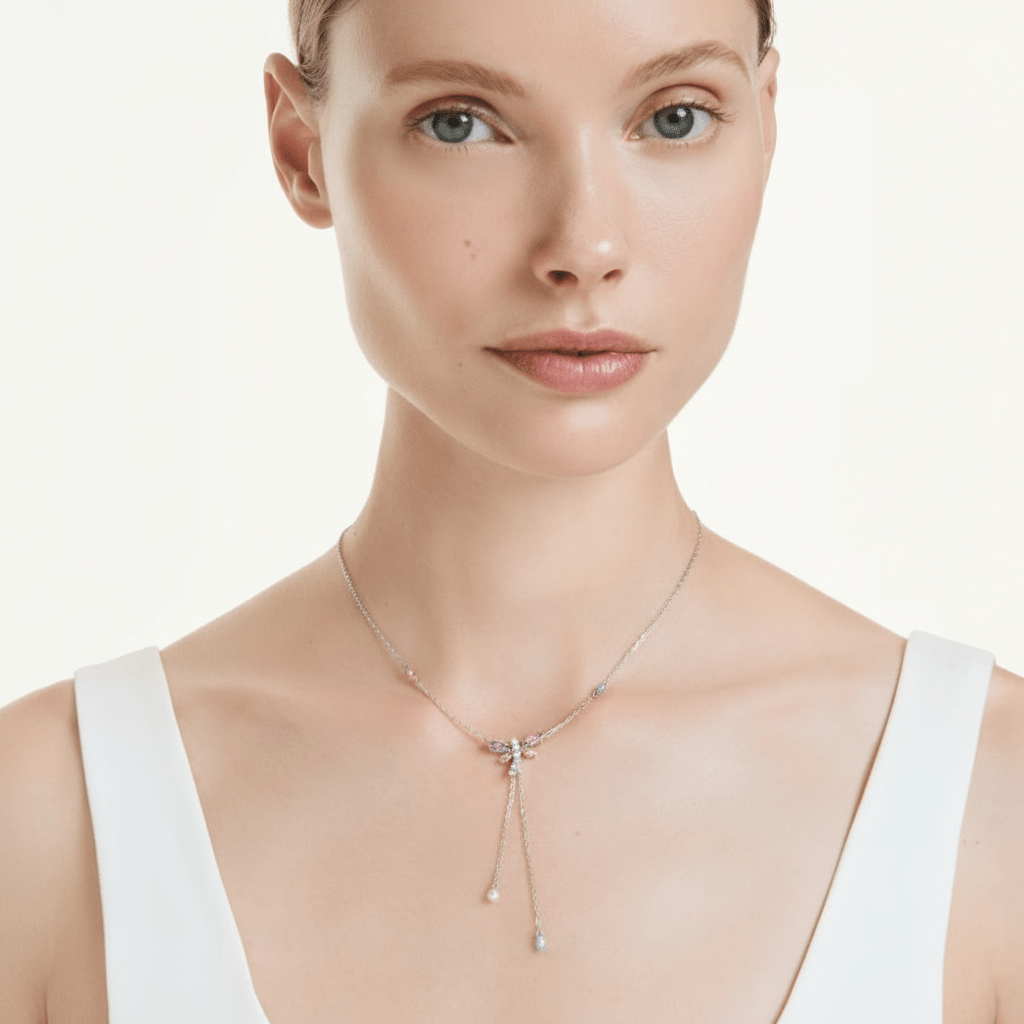 Ariana Grande x Swarovski Y necklace, Mixed cuts, Dragonfly, Multicolored, Rhodium plated -Swarovski