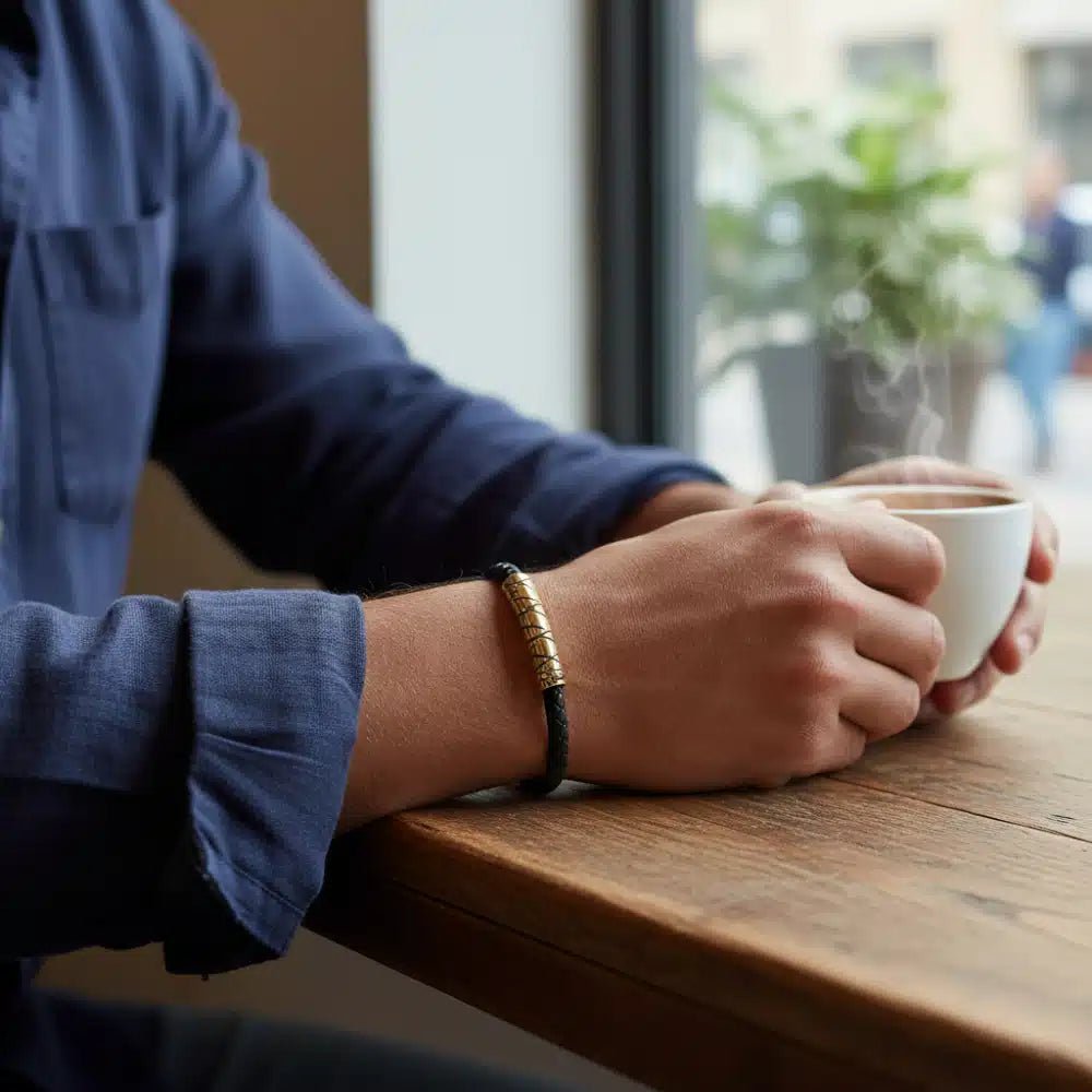 ARZ Black Leather Gold ID Bracelet -Spilhaus