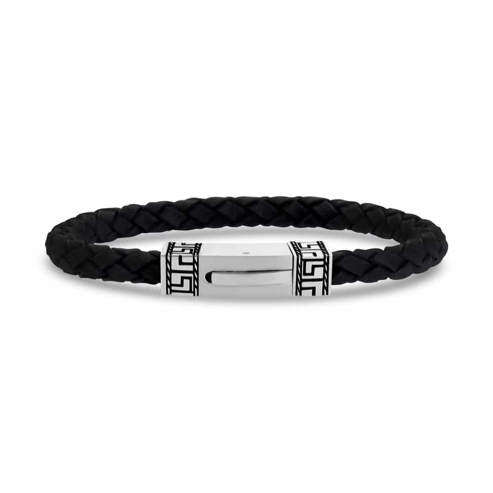 ARZ Bracelet 6mm Greek Design Black Leather -ARZ Steel
