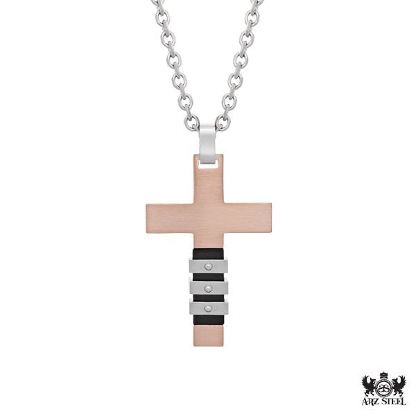 Arz Steel Cross Gold & Black With Cubic Zirconia -ARZ Steel