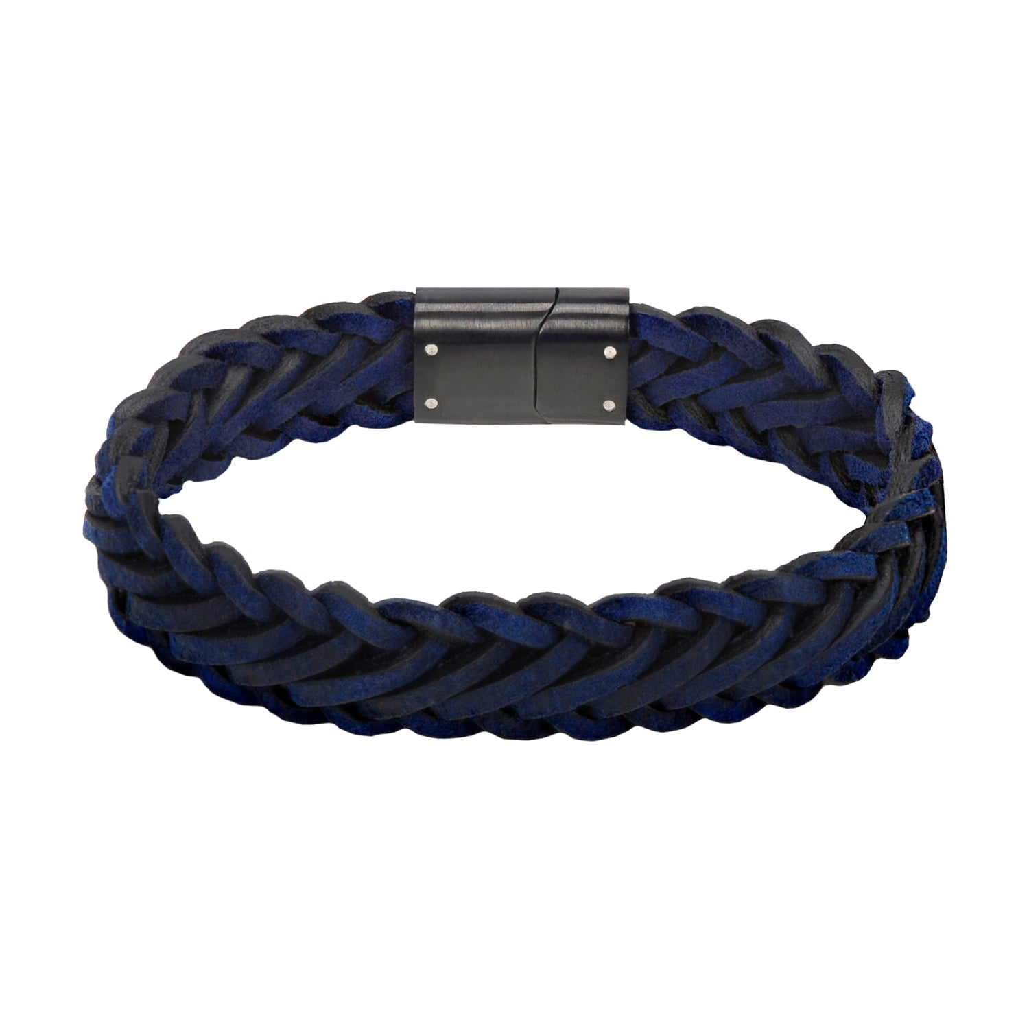 Blue leather watch strap with black steel clasp from ARZ Steel, featuring a sleek and durable design.