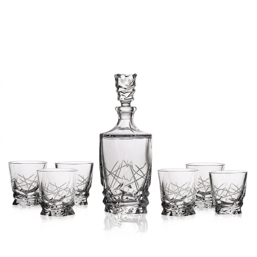 Bohemia Crystal Porto Jackstraw Whisky 7 Piece Set -Bohemia Crystal