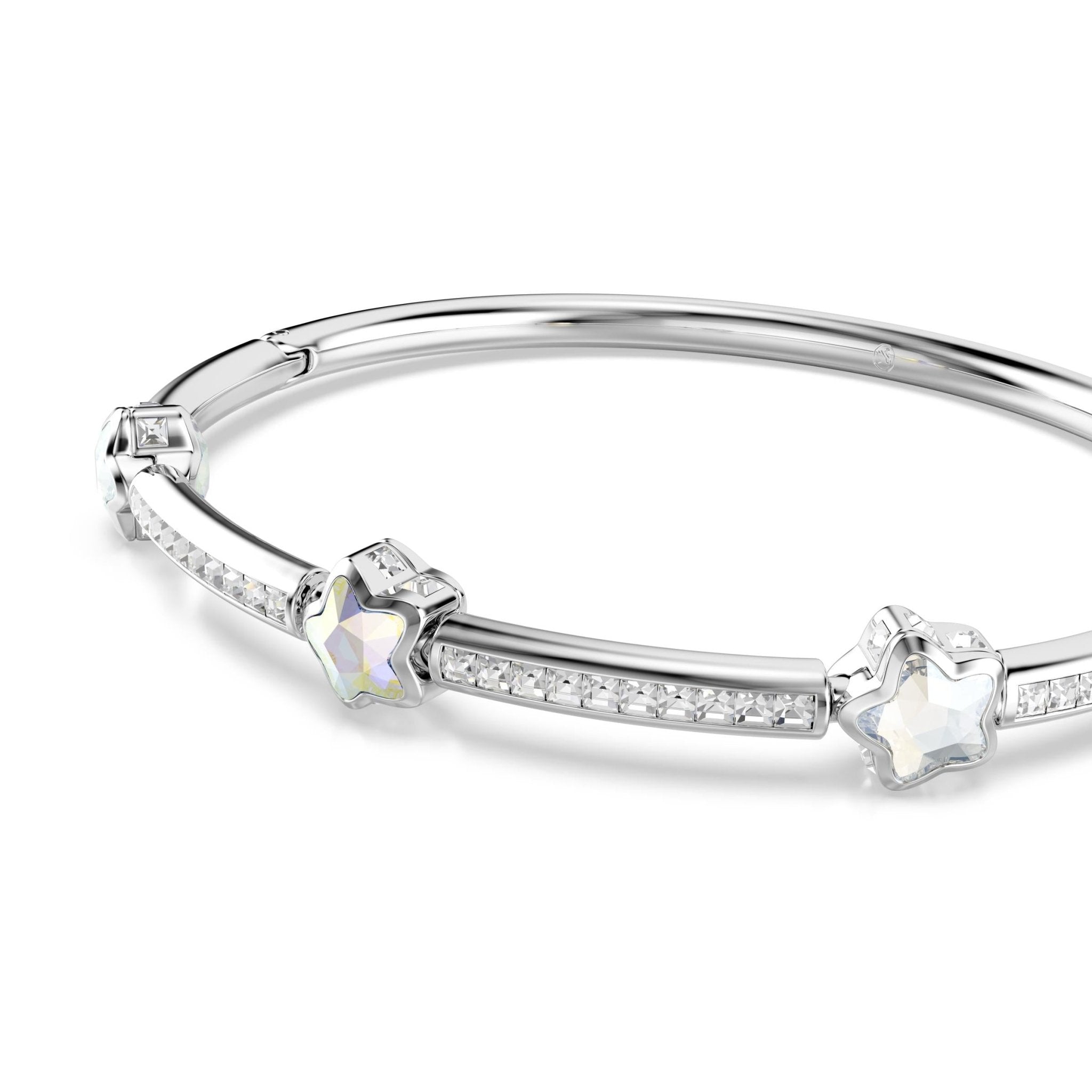 Chroma bangle, Mixed cuts, Star, White, Rhodium plated -Swarovski