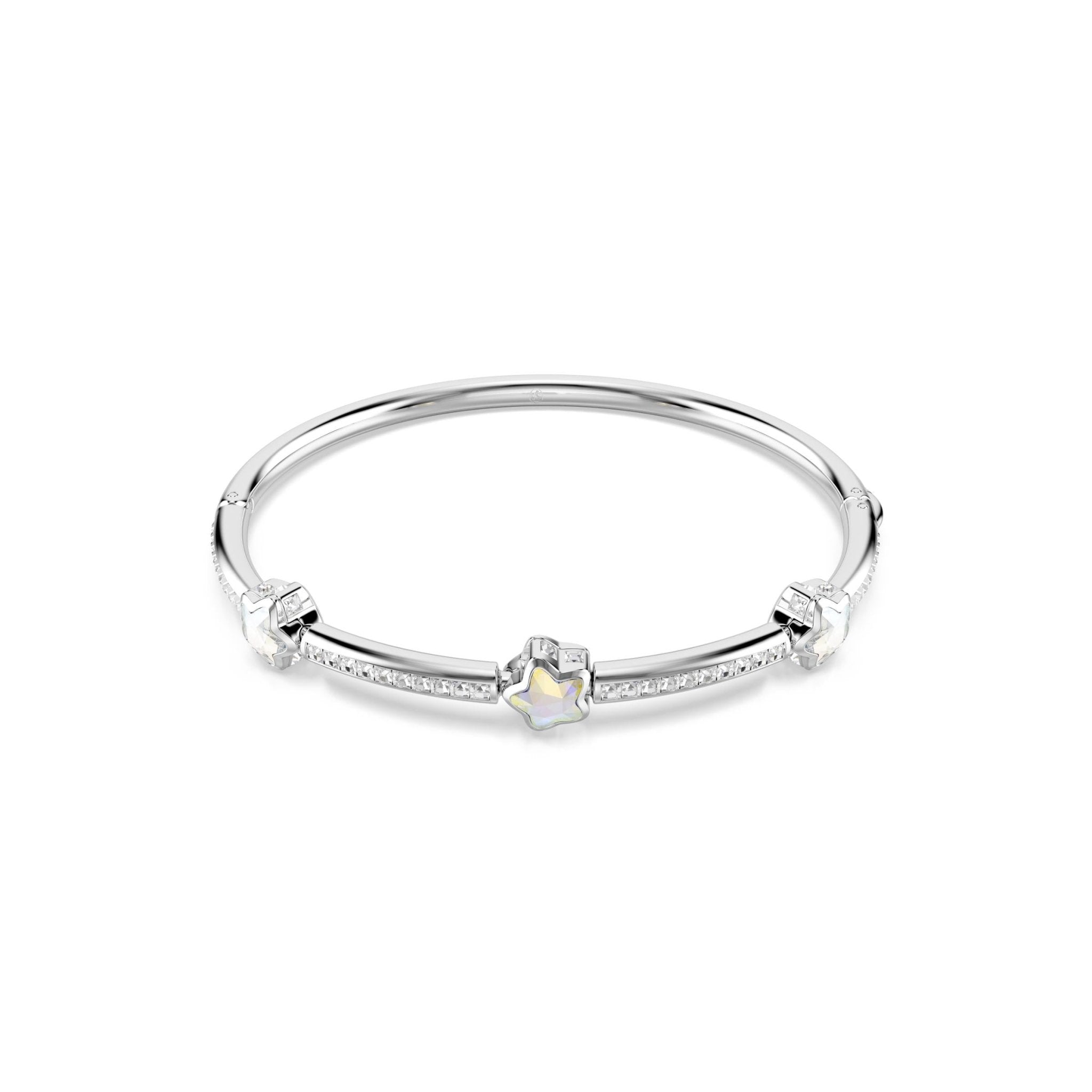 Chroma bangle, Mixed cuts, Star, White, Rhodium plated -Swarovski