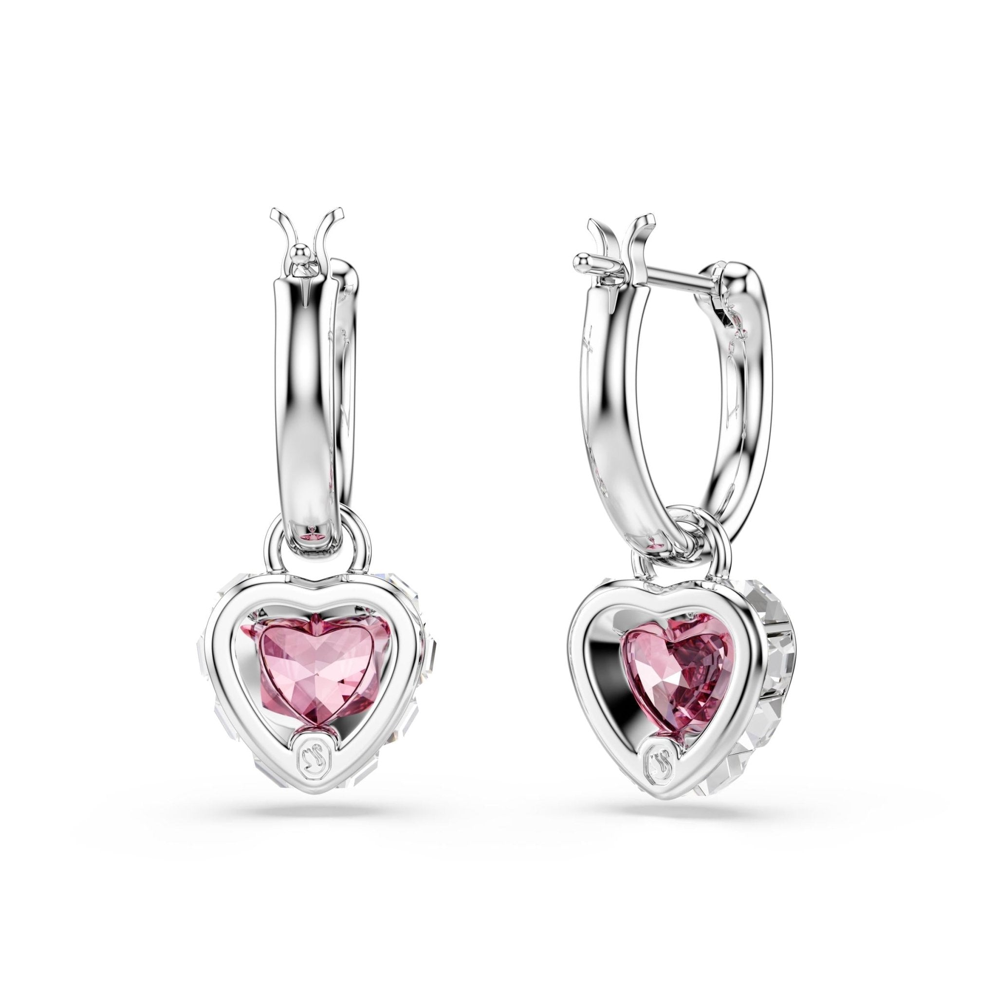 Chroma drop earrings, Heart, Pink, Rhodium plated -Swarovski
