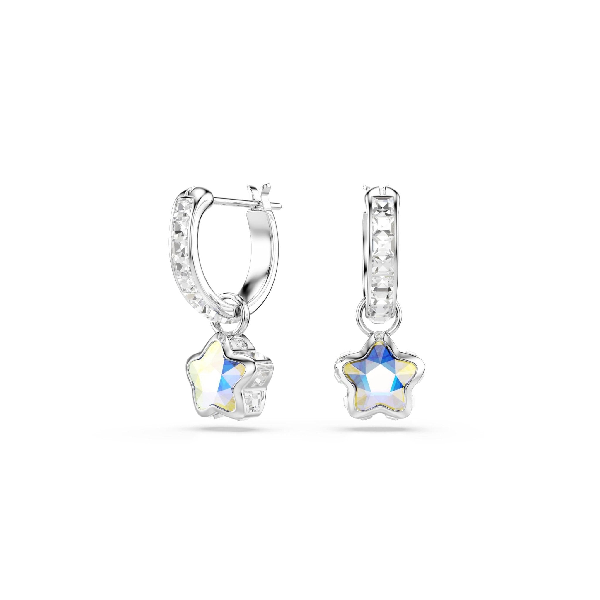 Chroma drop earrings, Mixed cuts, Star, White, Rhodium plated -Swarovski