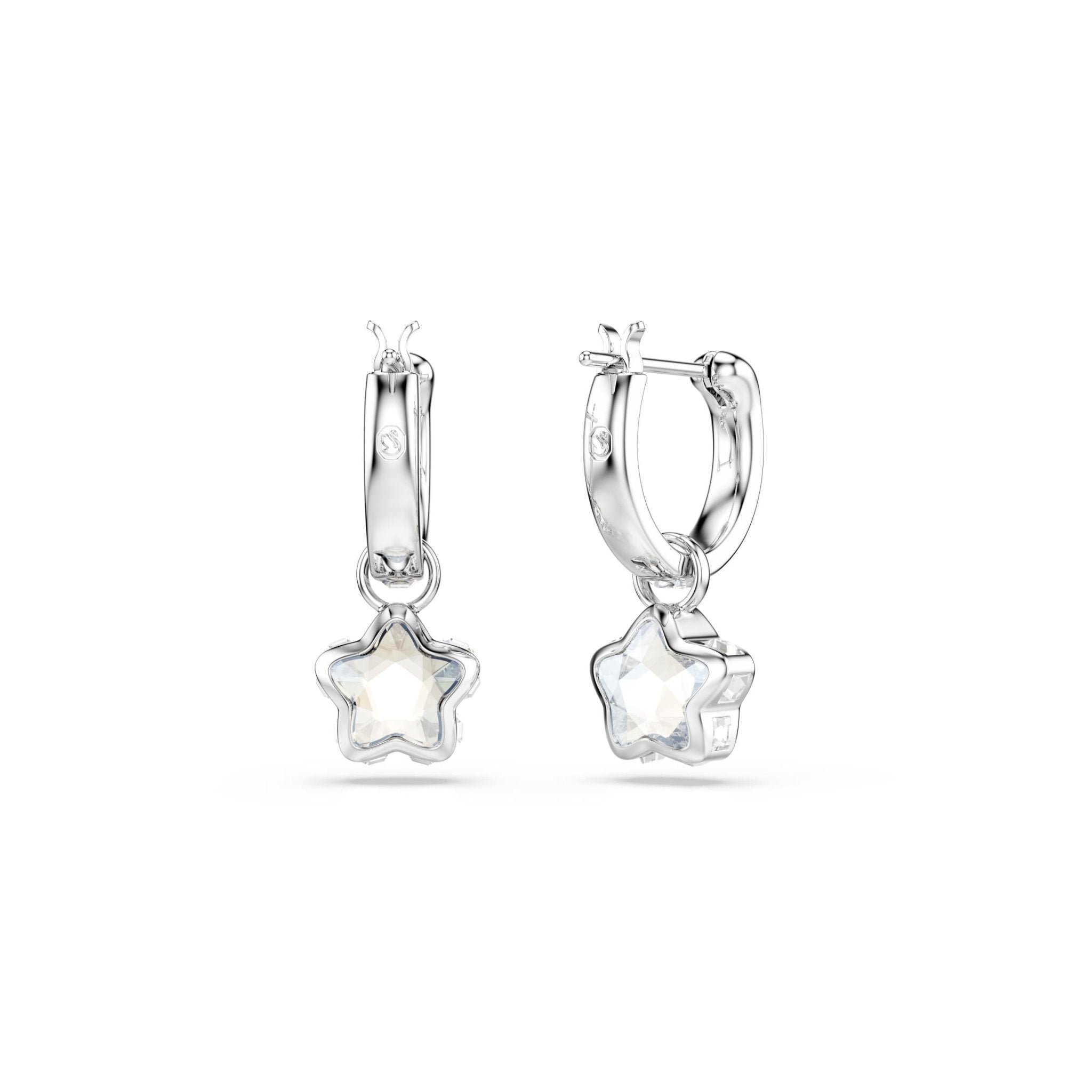 Chroma drop earrings, Mixed cuts, Star, White, Rhodium plated -Swarovski