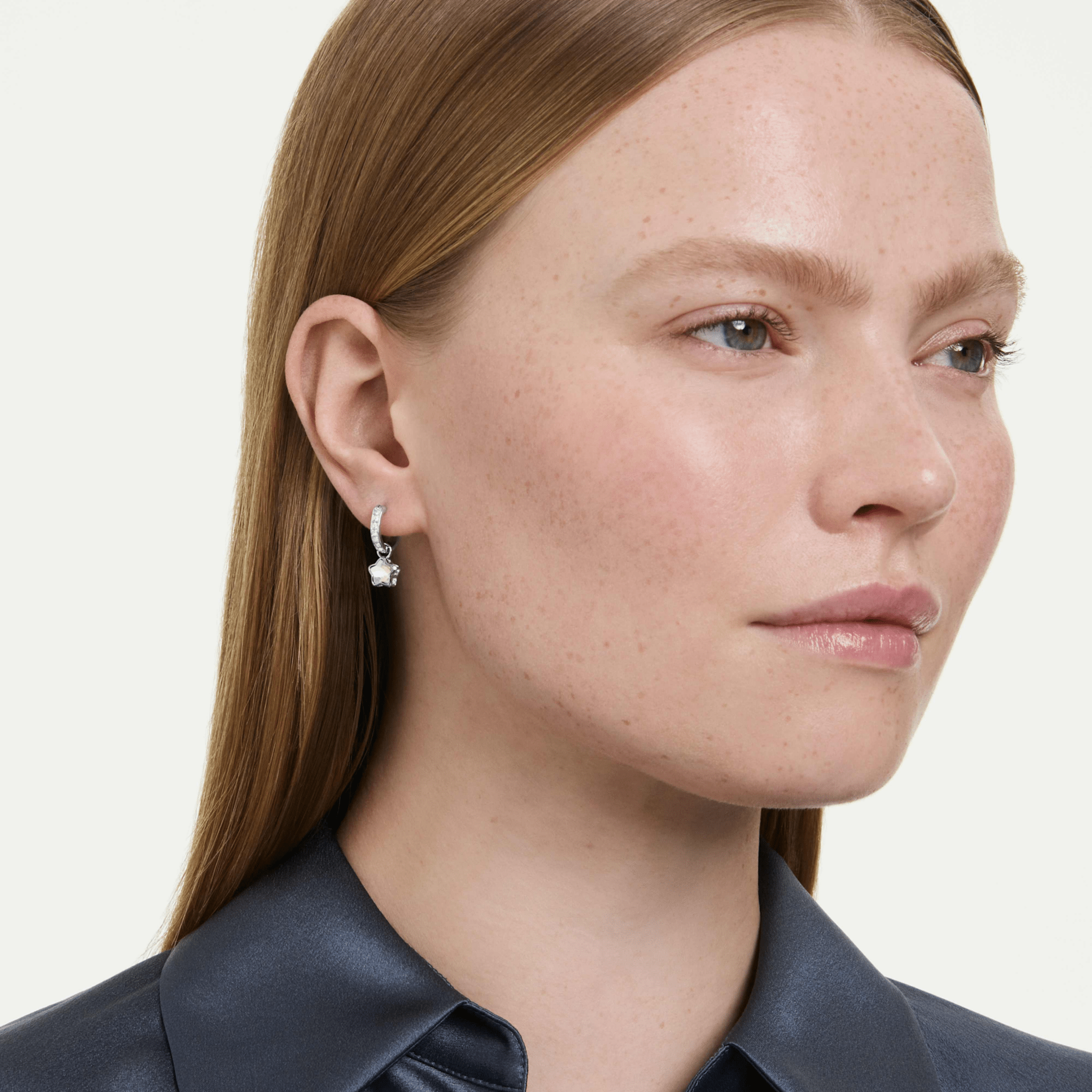 Chroma drop earrings, Mixed cuts, Star, White, Rhodium plated -Swarovski