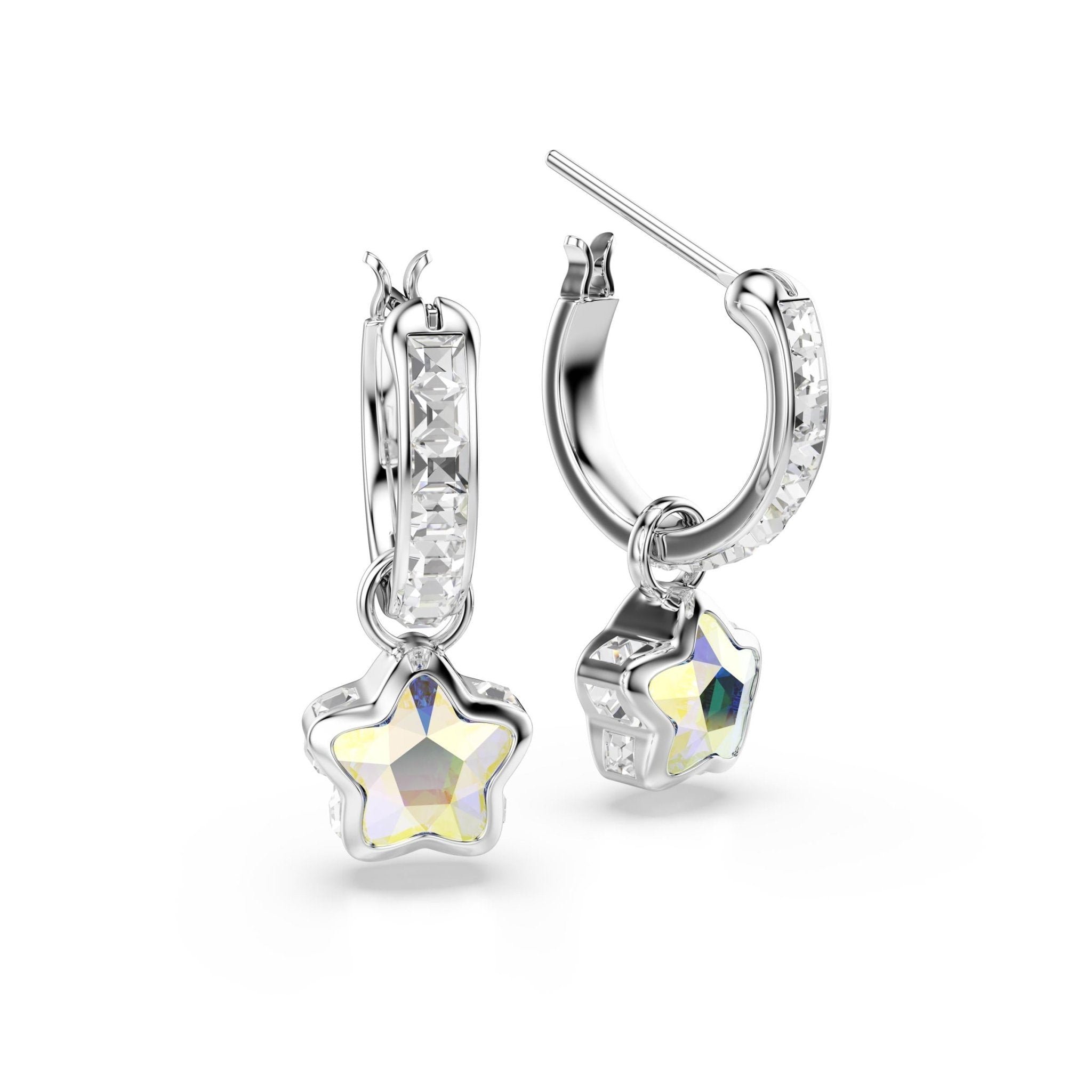 Chroma drop earrings, Mixed cuts, Star, White, Rhodium plated -Swarovski