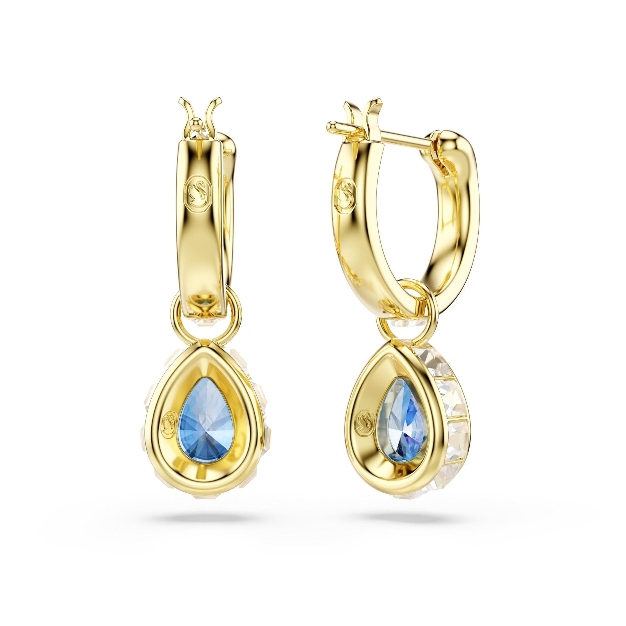 Chroma drop earrings, Pear cut, Blue, 18K gold finish -Swarovski
