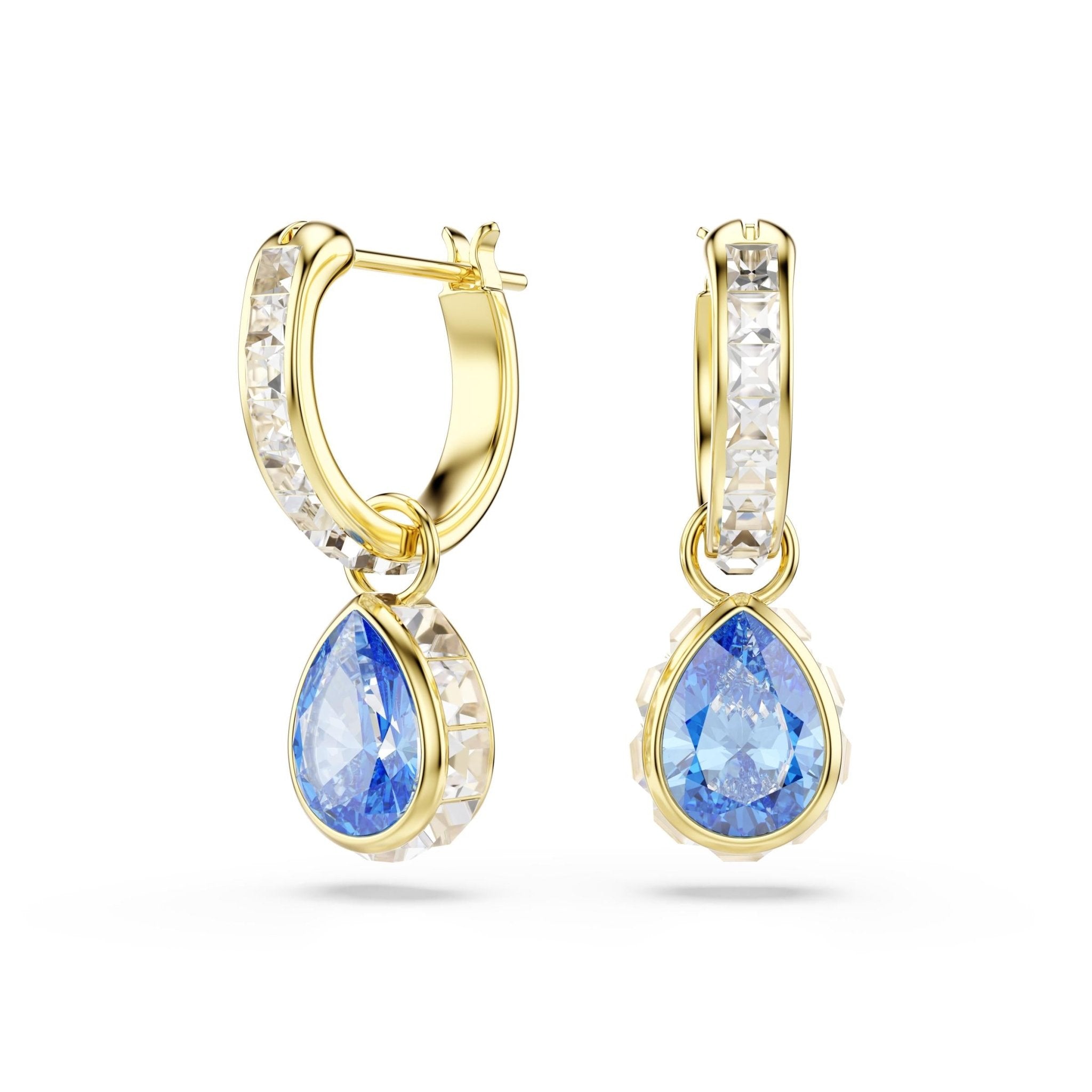 Chroma drop earrings, Pear cut, Blue, 18K gold finish -Swarovski