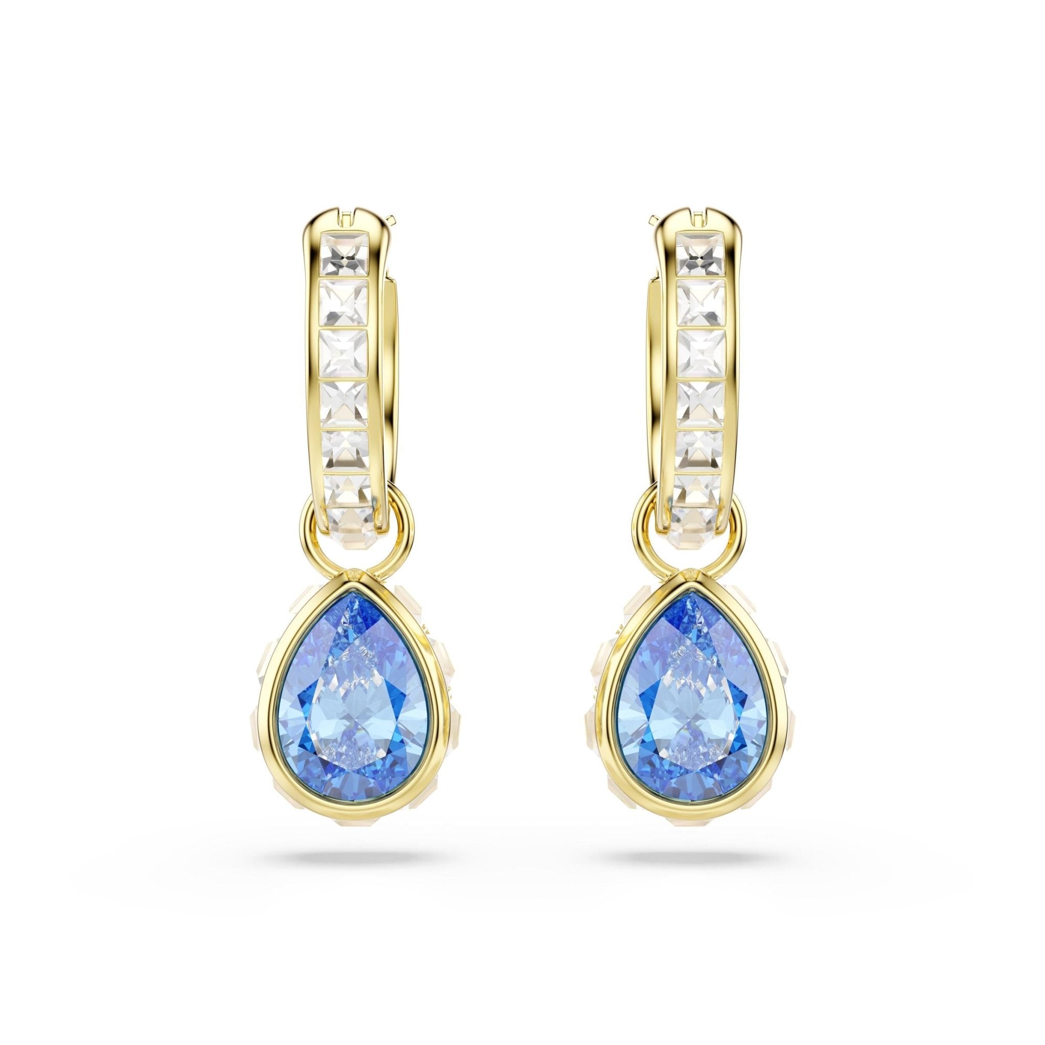 Chroma drop earrings, Pear cut, Blue, 18K gold finish -Swarovski