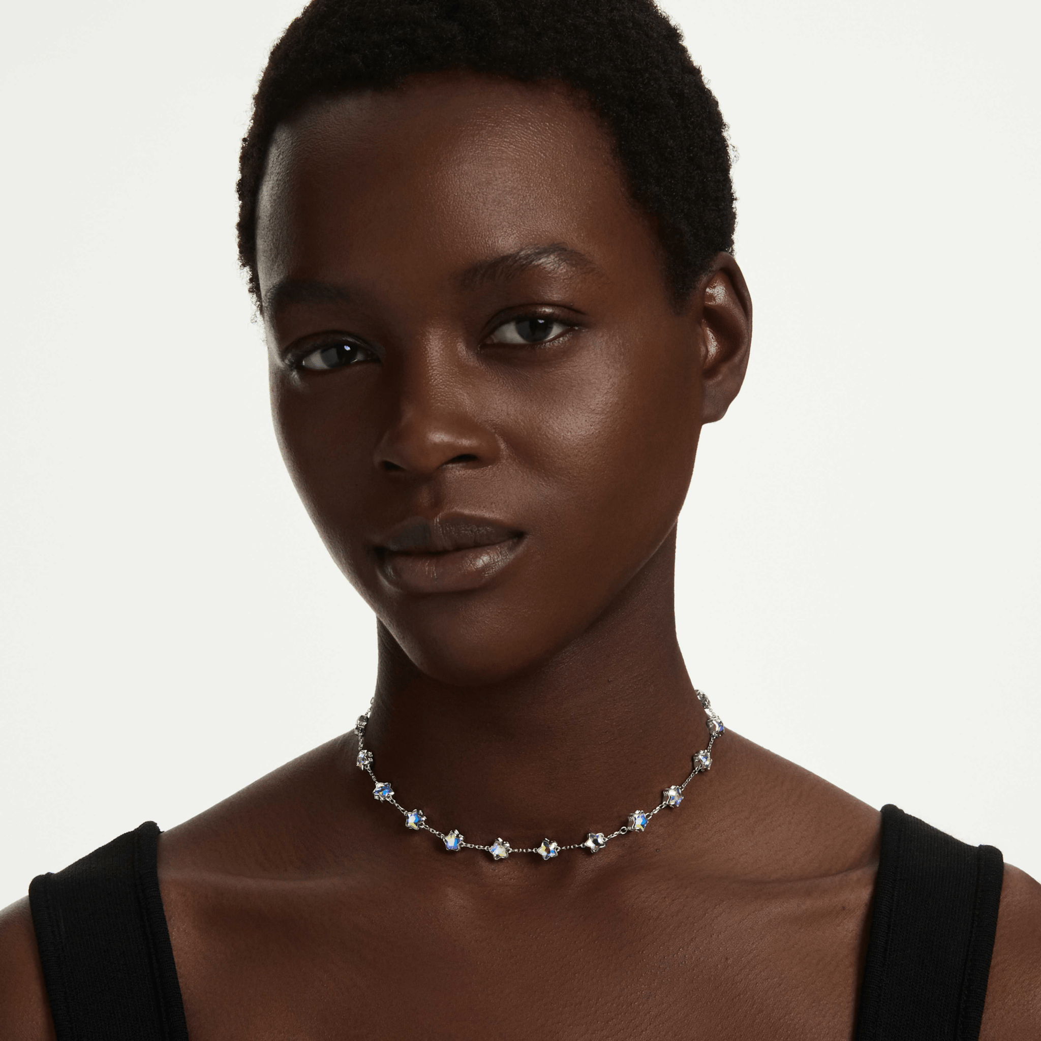 Chroma necklace, Mixed cuts, Star, White, Rhodium plated -Swarovski