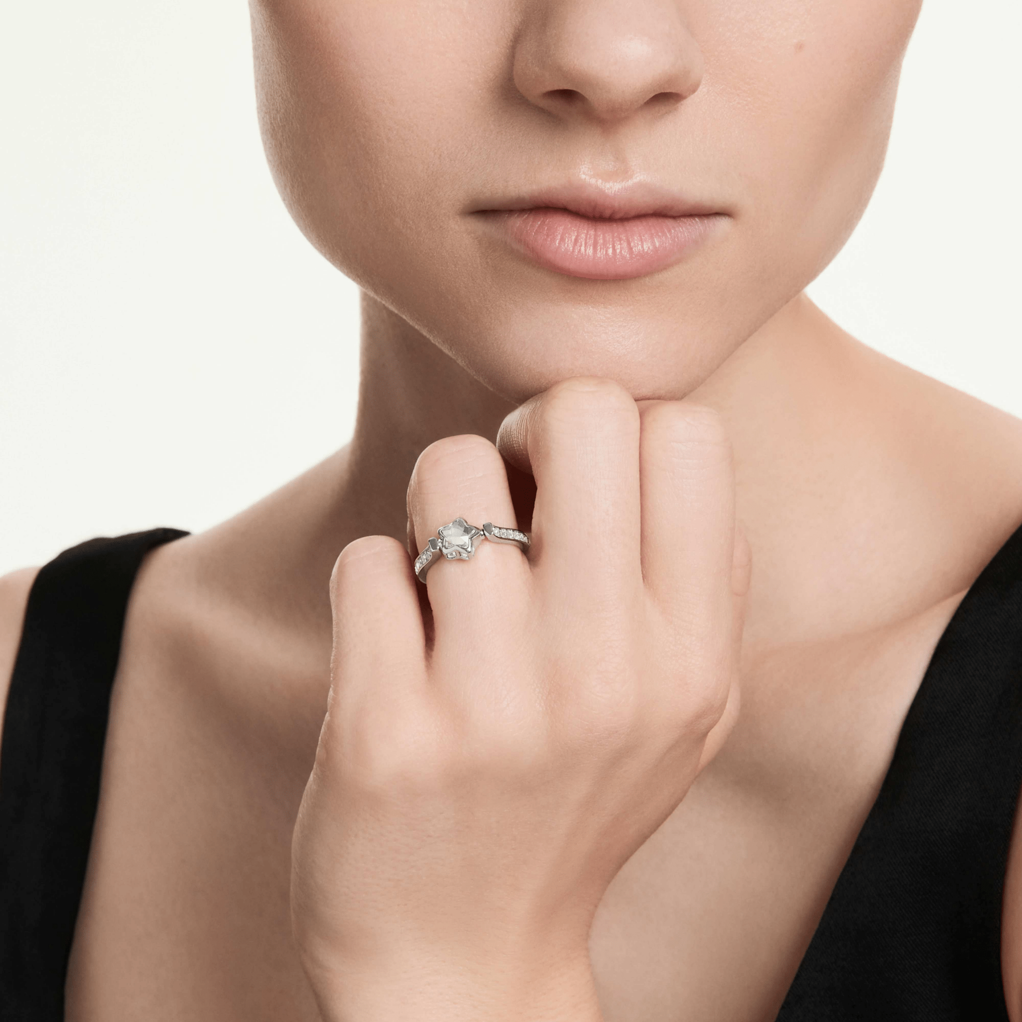 Chroma ring, Mixed cuts, Star, White, Rhodium plated -Swarovski