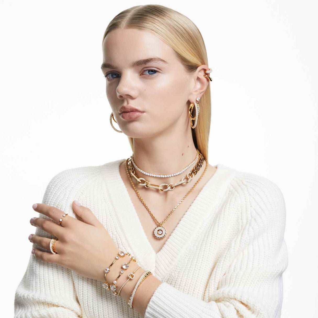 Constella ring Set (2), Round cut, White, 18K gold finish 52 -Swarovski
