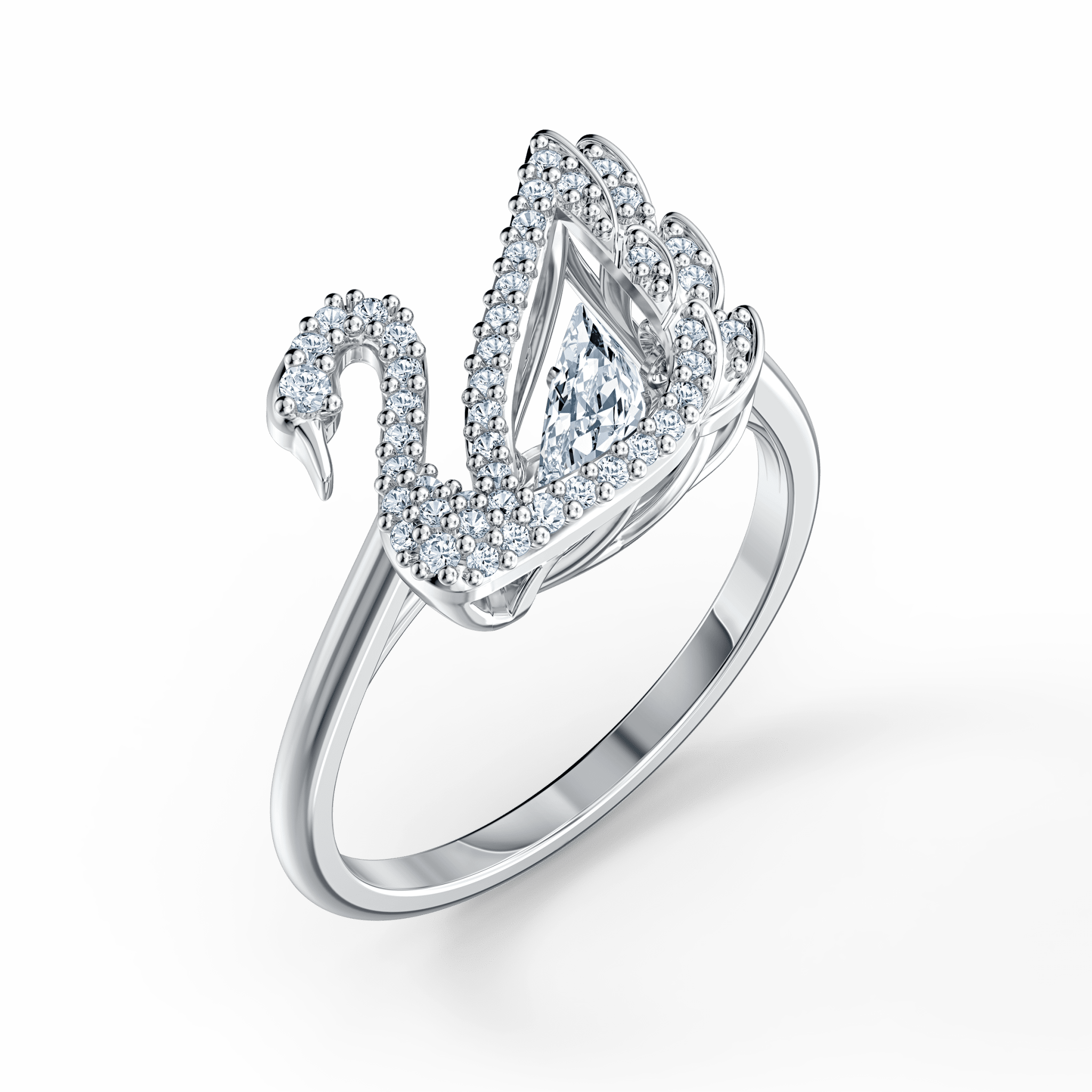 Dancing Swan Ring, White, Rhodium Plated -Swarovski