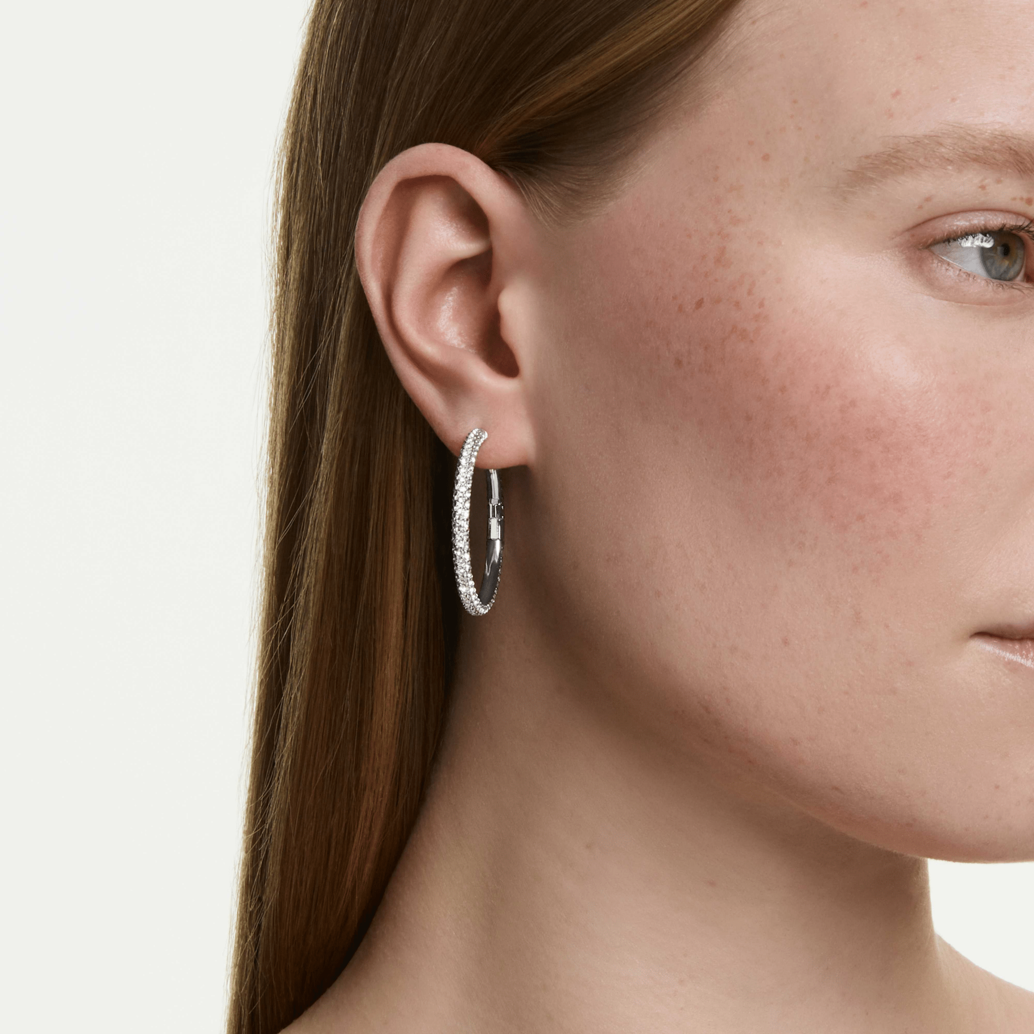 Dextera hoop earrings, Round cut, White, Rhodium plated -Swarovski