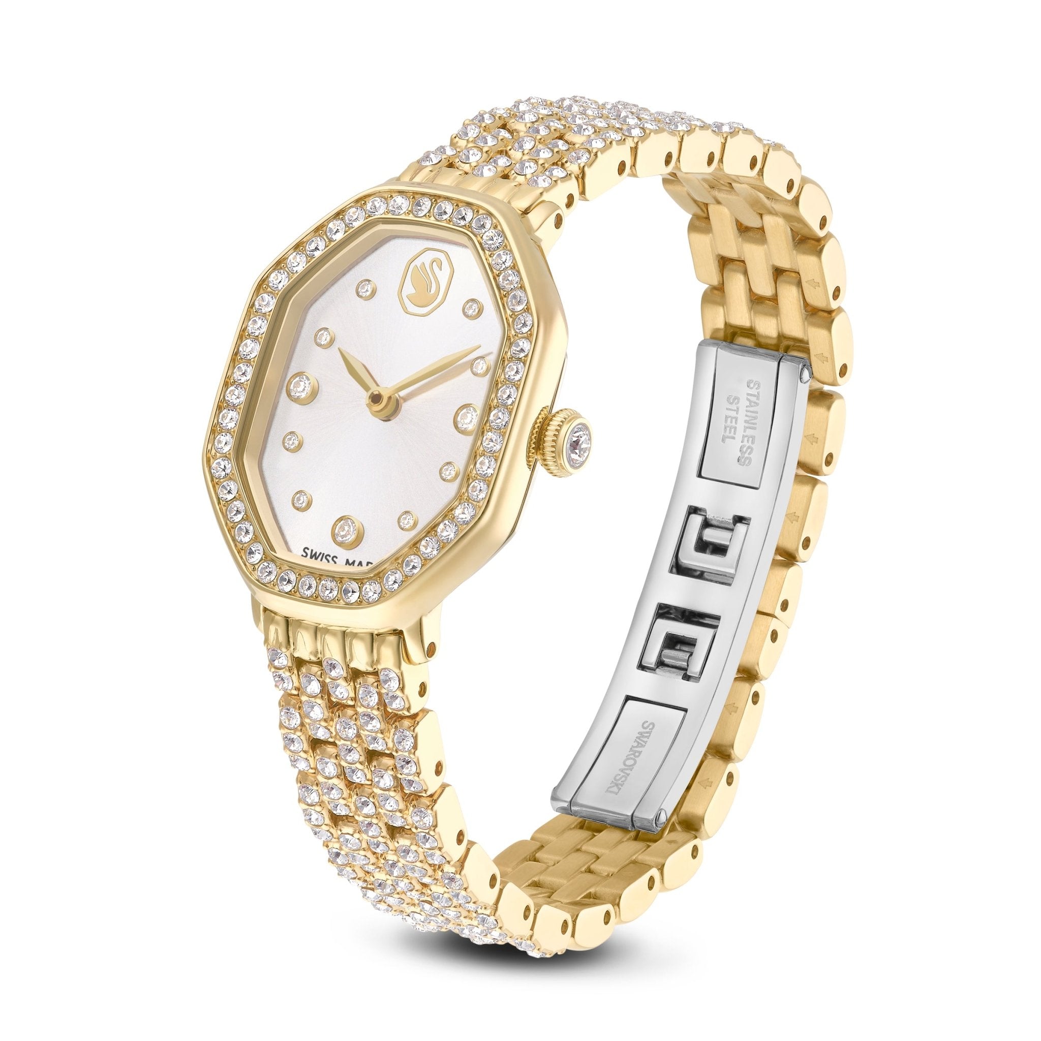 Dextera octagon watch, Swiss Made, Metal bracelet, Gold tone, Gold-tone finish -Swarovski