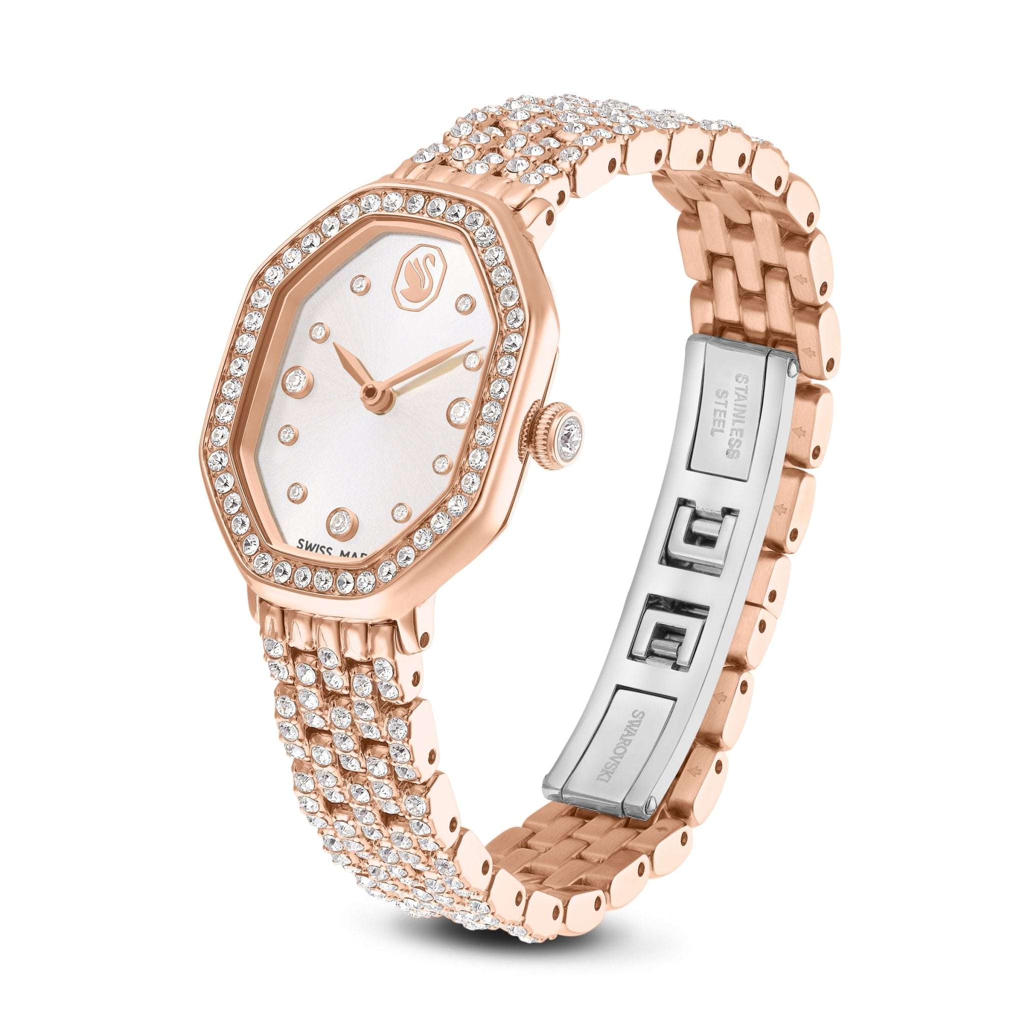 Dextera octagon watch, Swiss Made, Metal bracelet, Rose gold tone, Rose gold-tone finish -Swarovski