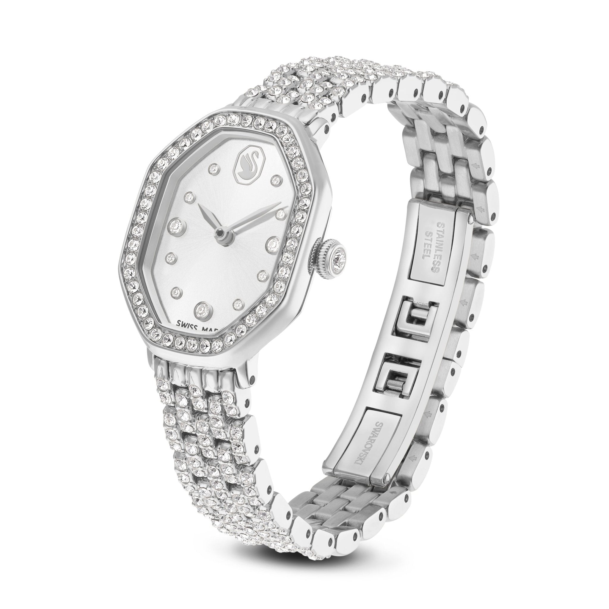 Dextera octagon watch, Swiss Made, Metal bracelet, Silver tone, Stainless steel -Swarovski