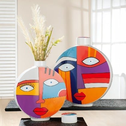 Gilde Lidded Vase Round Face Motif Ceramics Multicolored 30cm -Gilde