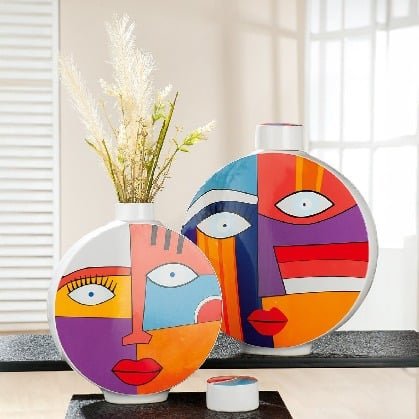 Gilde Lidded Vase Round Face Motif Ceramics Multicolored 35cm -Gilde