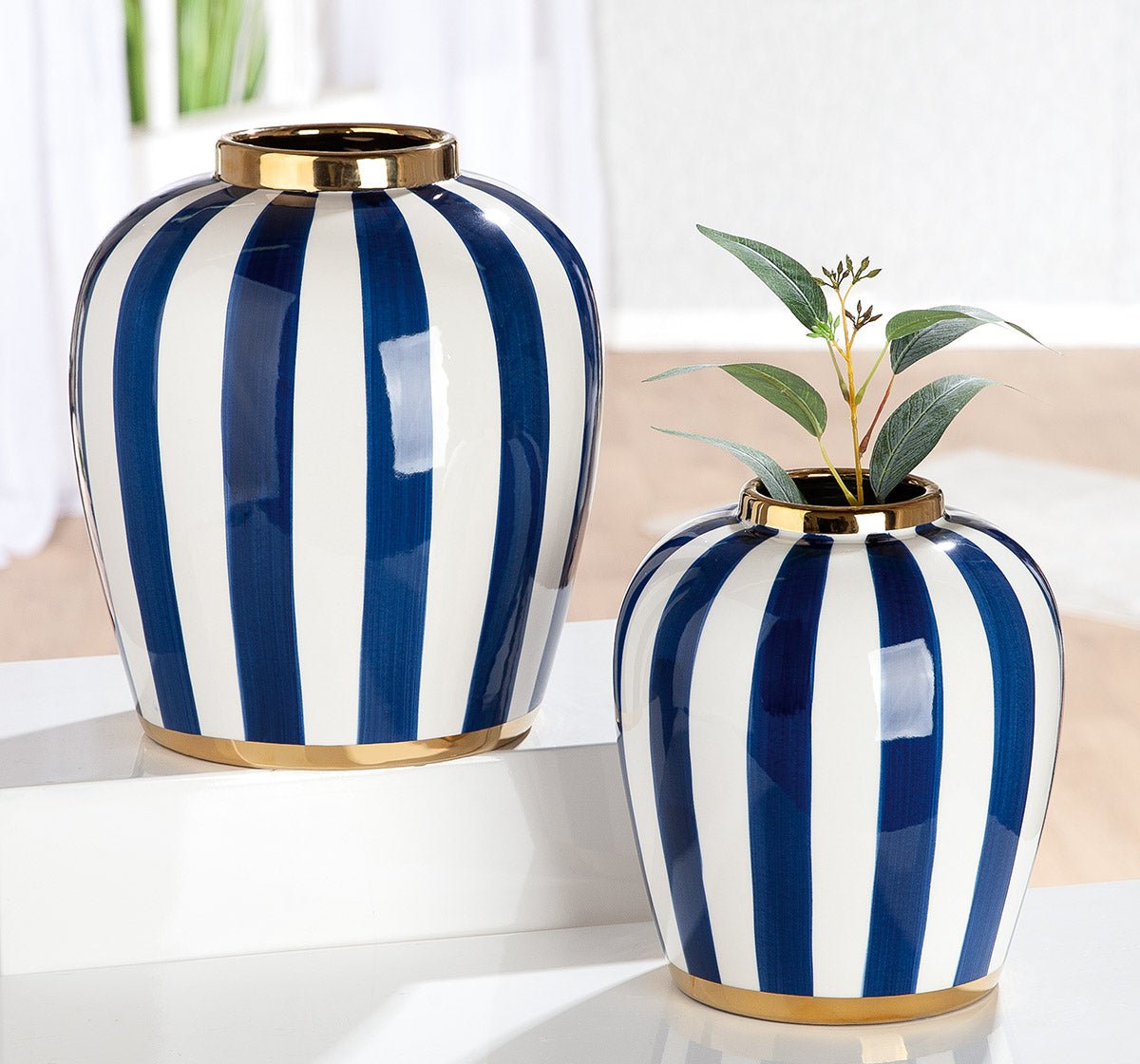 Gilde Vase Bulbous Elio Striped Ceramics Blue,White -Gilde
