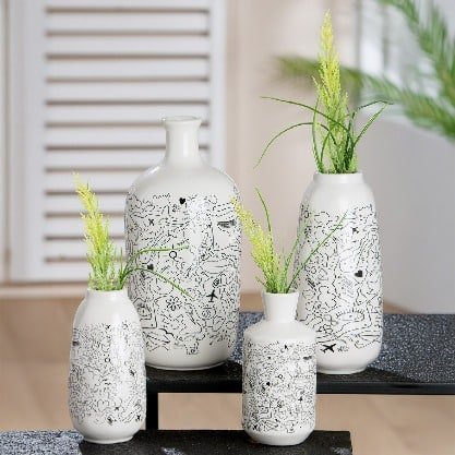 Gilde Vase Single-line Design Porcelain With Neck White 25cm -Gilde