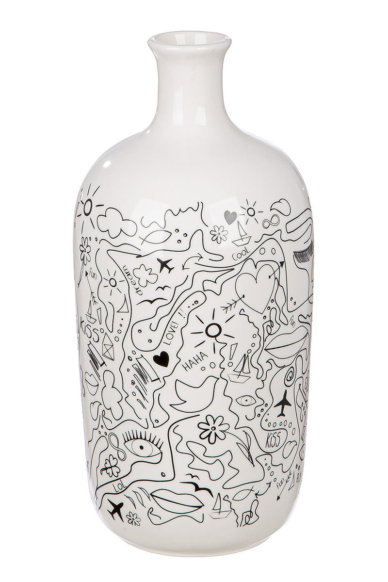 Gilde Vase Single-line Design Porcelain With Neck White 25cm -Gilde