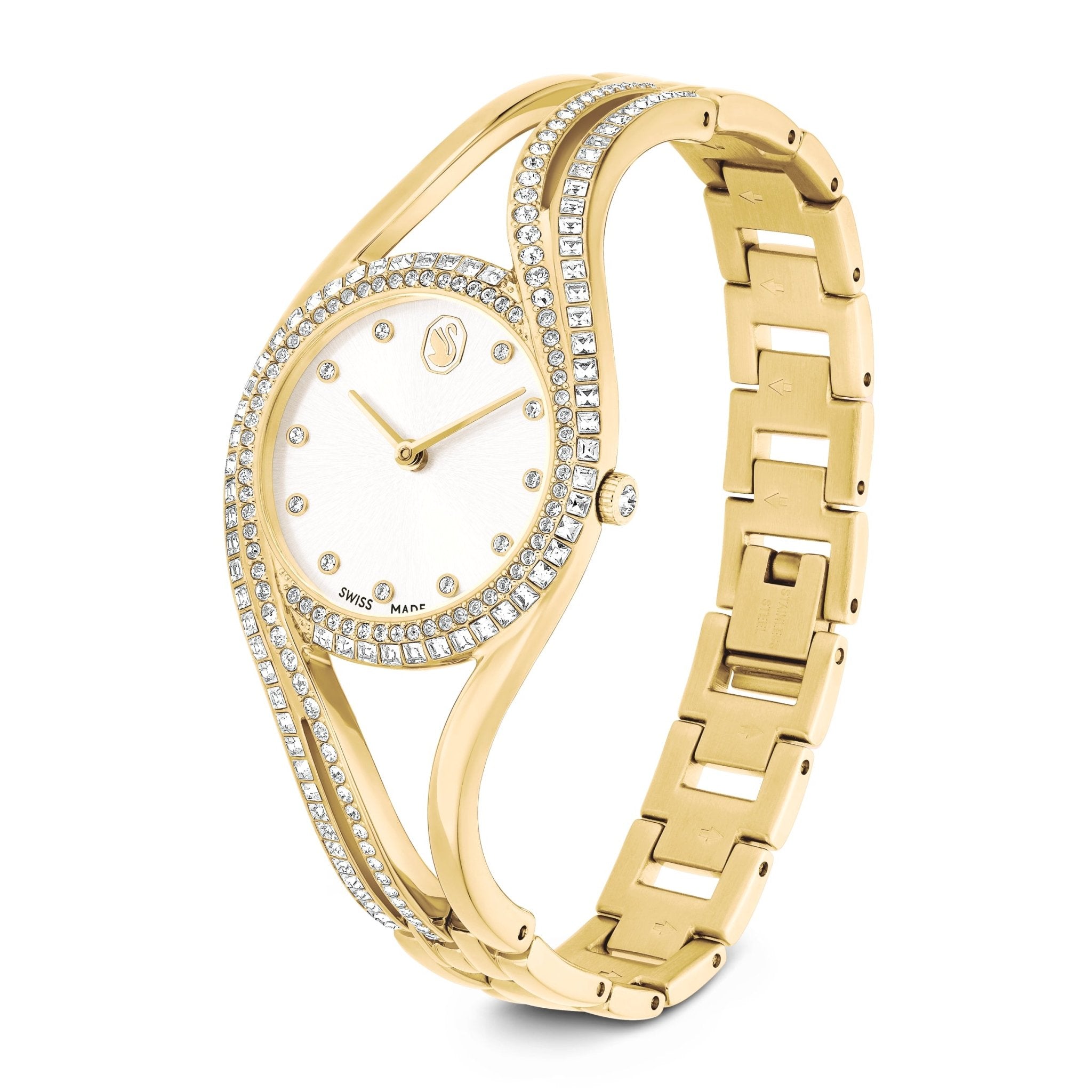 Hyperbola bangle watch, Swiss Made, Metal bracelet, Gold tone, Gold-tone finish -Swarovski