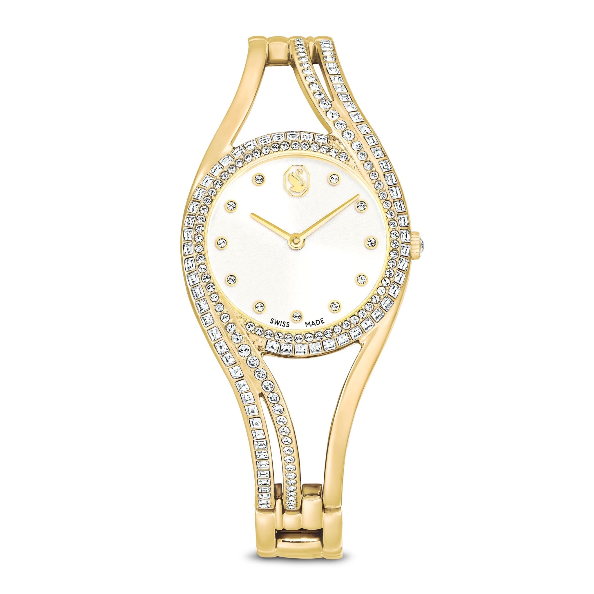 Hyperbola bangle watch, Swiss Made, Metal bracelet, Gold tone, Gold-tone finish -Swarovski