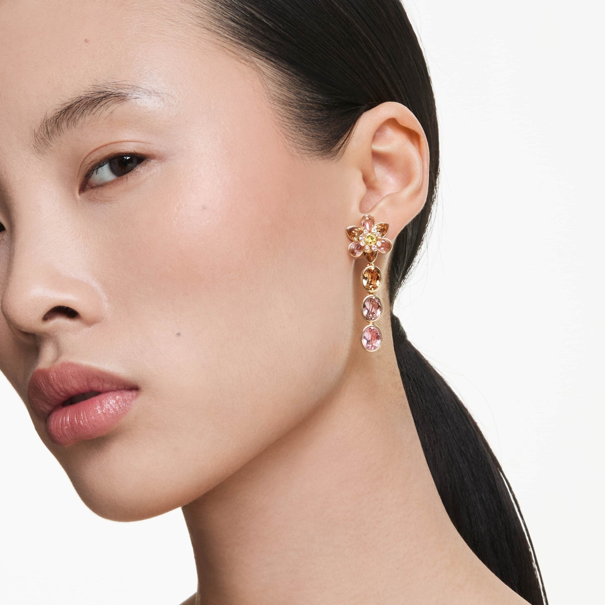 Idyllia drop earrings Mixed cuts, Flower, Multicolored, 18K gold finish -Swarovski