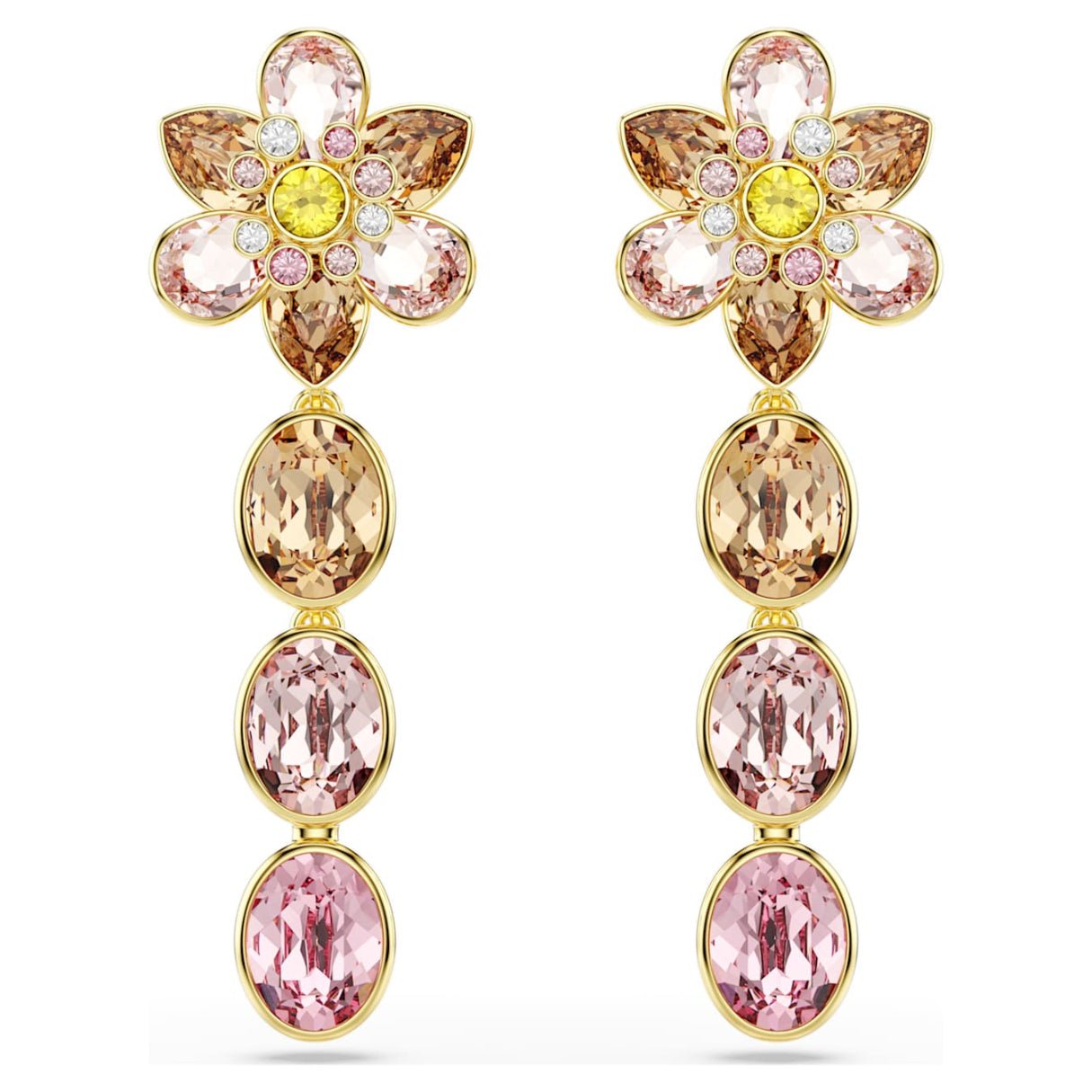Idyllia drop earrings Mixed cuts, Flower, Multicolored, 18K gold finish -Swarovski