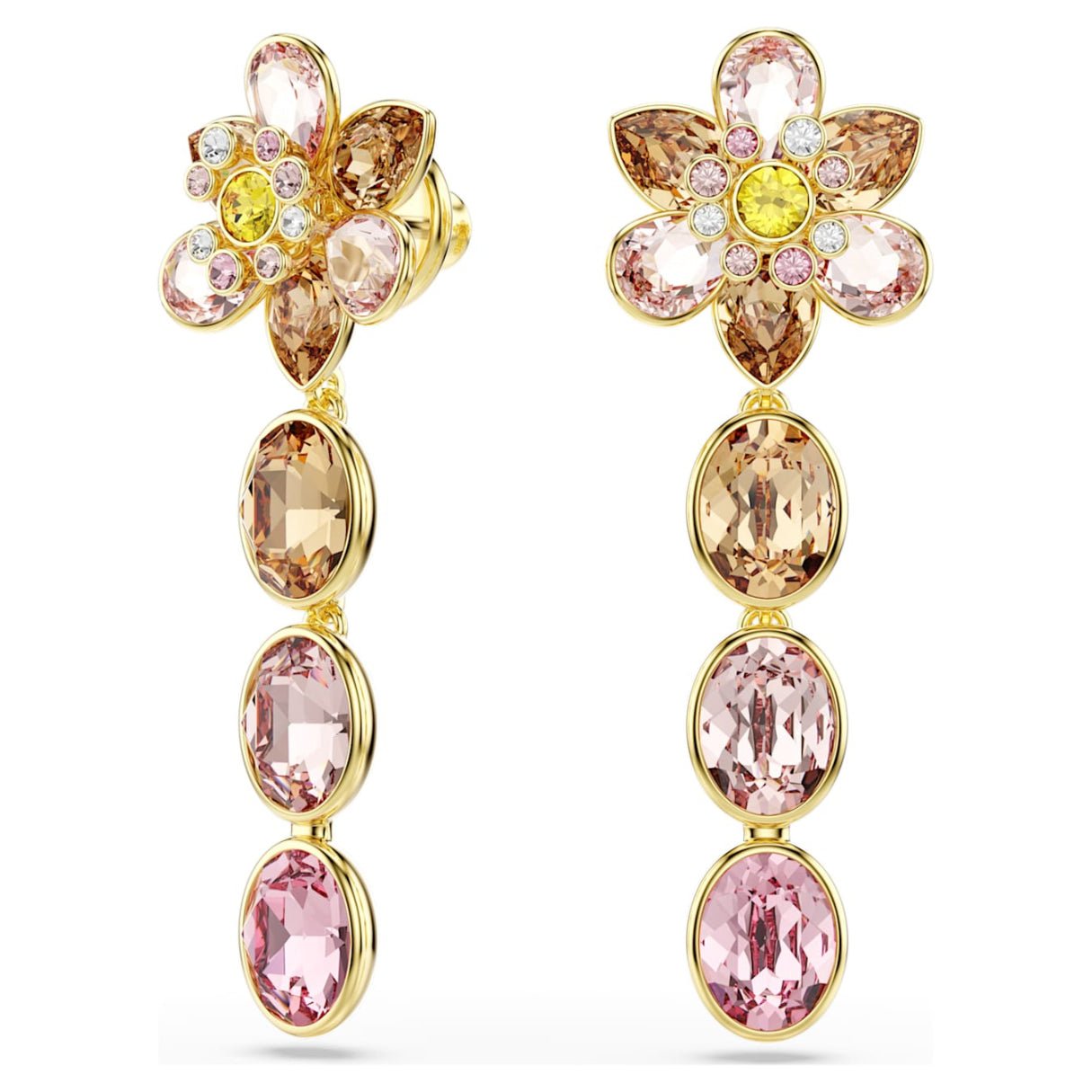 Idyllia drop earrings Mixed cuts, Flower, Multicolored, 18K gold finish -Swarovski