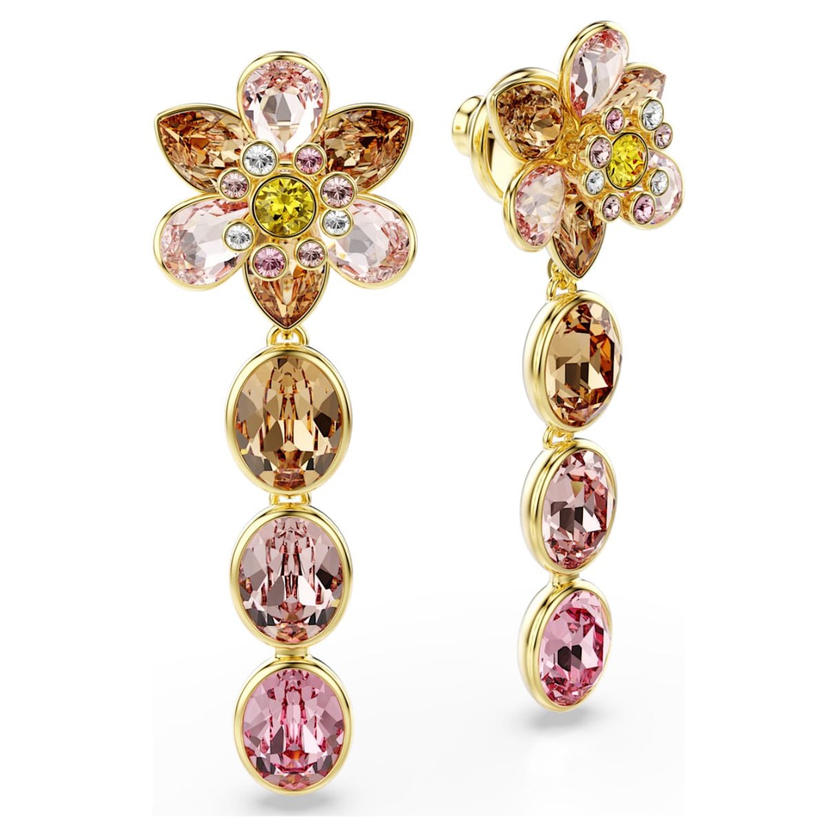 Idyllia drop earrings Mixed cuts, Flower, Multicolored, 18K gold finish -Swarovski
