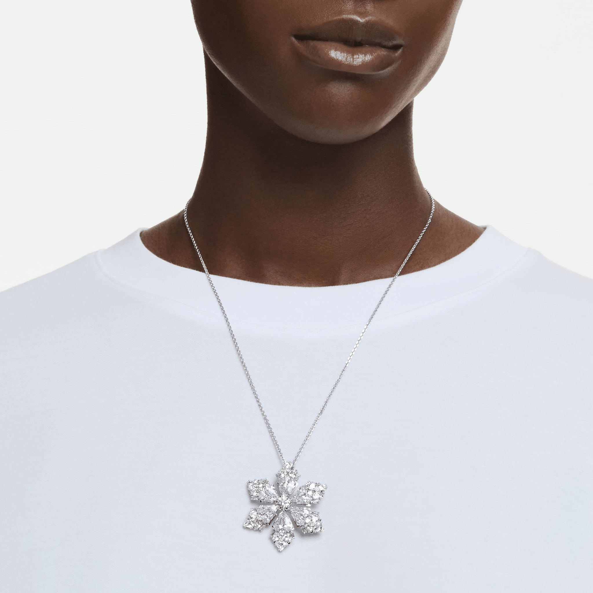 Idyllia pendant and brooch, Mixed cuts, Snowflake, White, Rhodium plated -Swarovski
