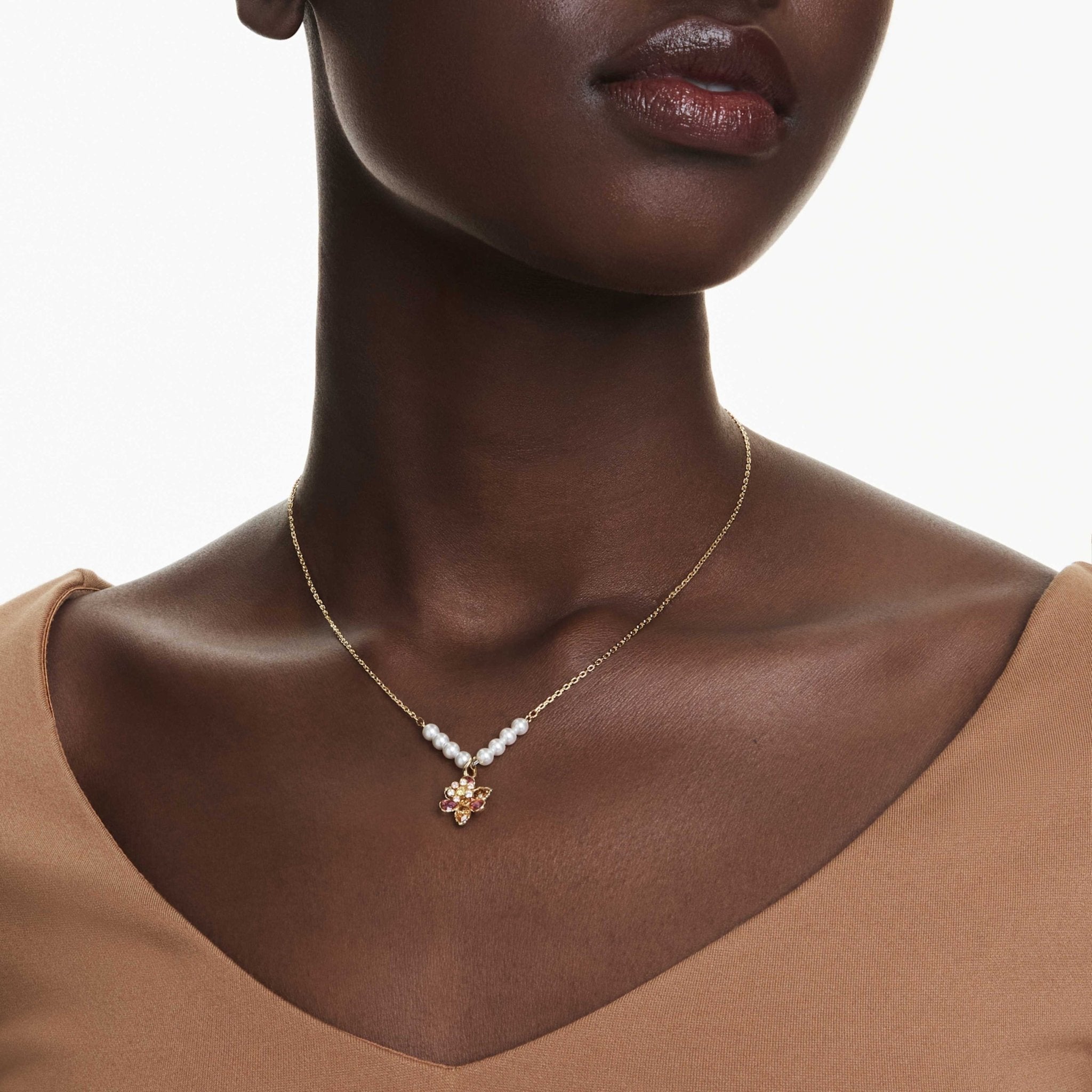 Idyllia pendant Crystal pearl, Mixed cuts, Flower, Multicolored, 18K gold finish -Swarovski