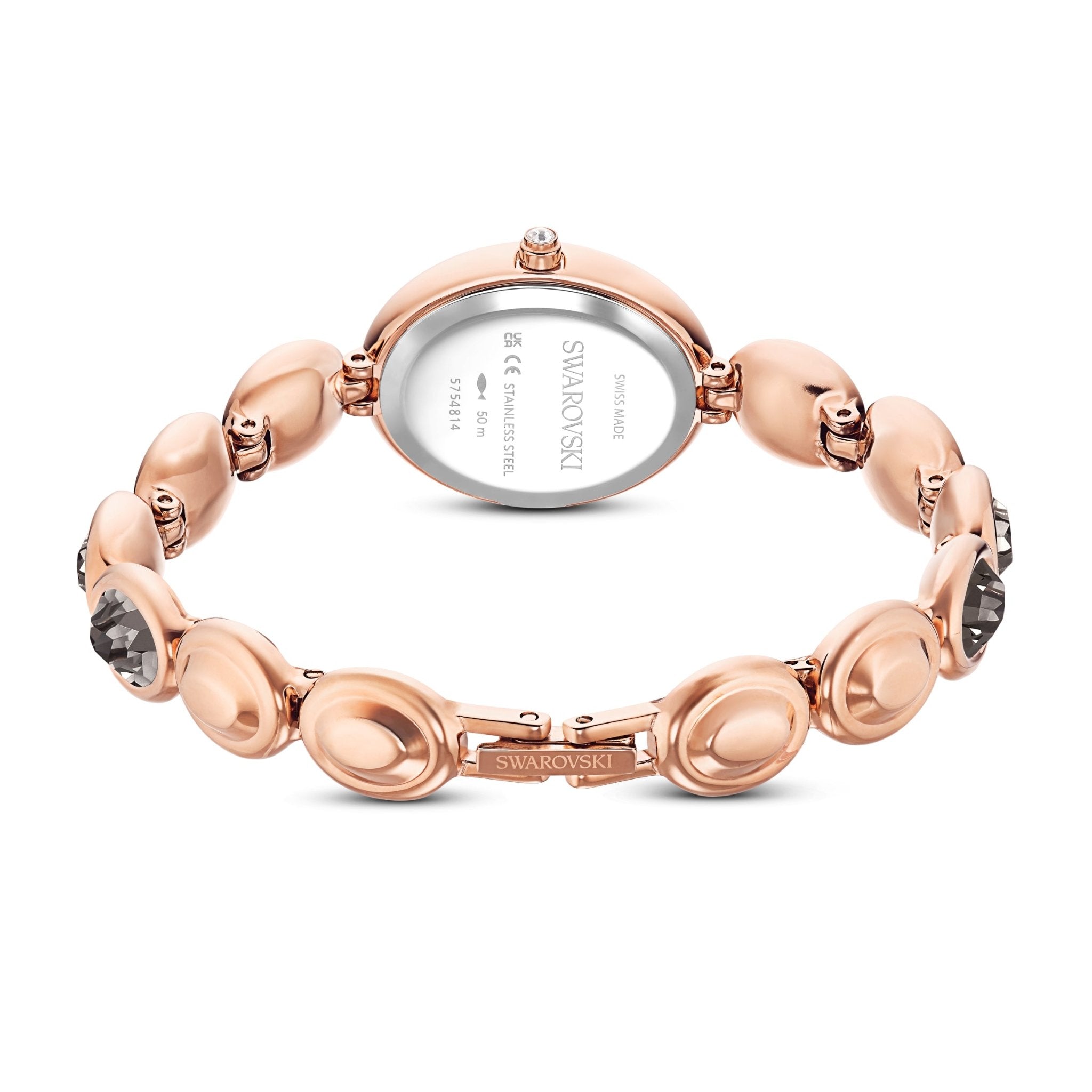 Imber oval watch, Swiss Made, Metal bracelet, Black, Rose gold-tone finish -Swarovski