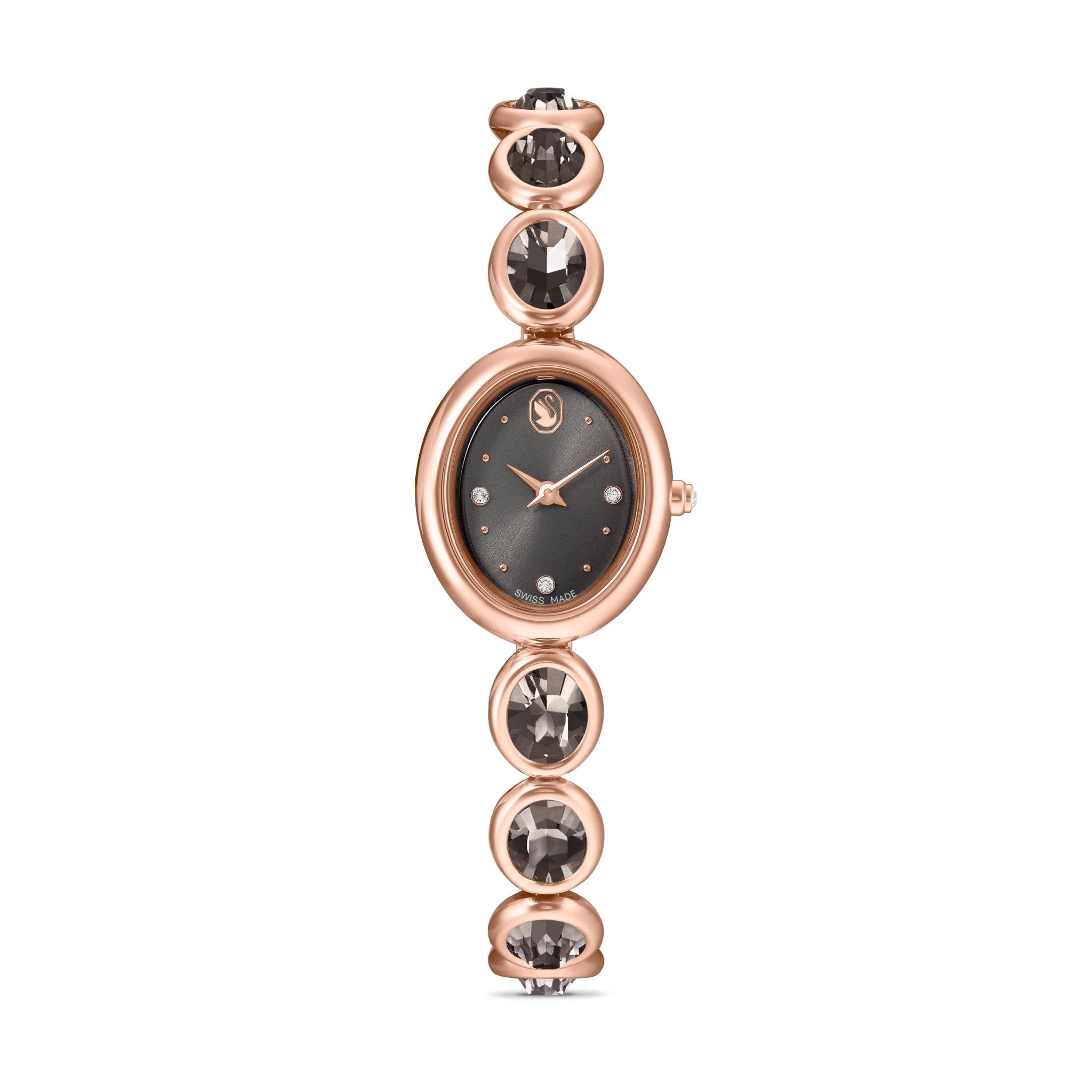 Imber oval watch, Swiss Made, Metal bracelet, Black, Rose gold-tone finish -Swarovski
