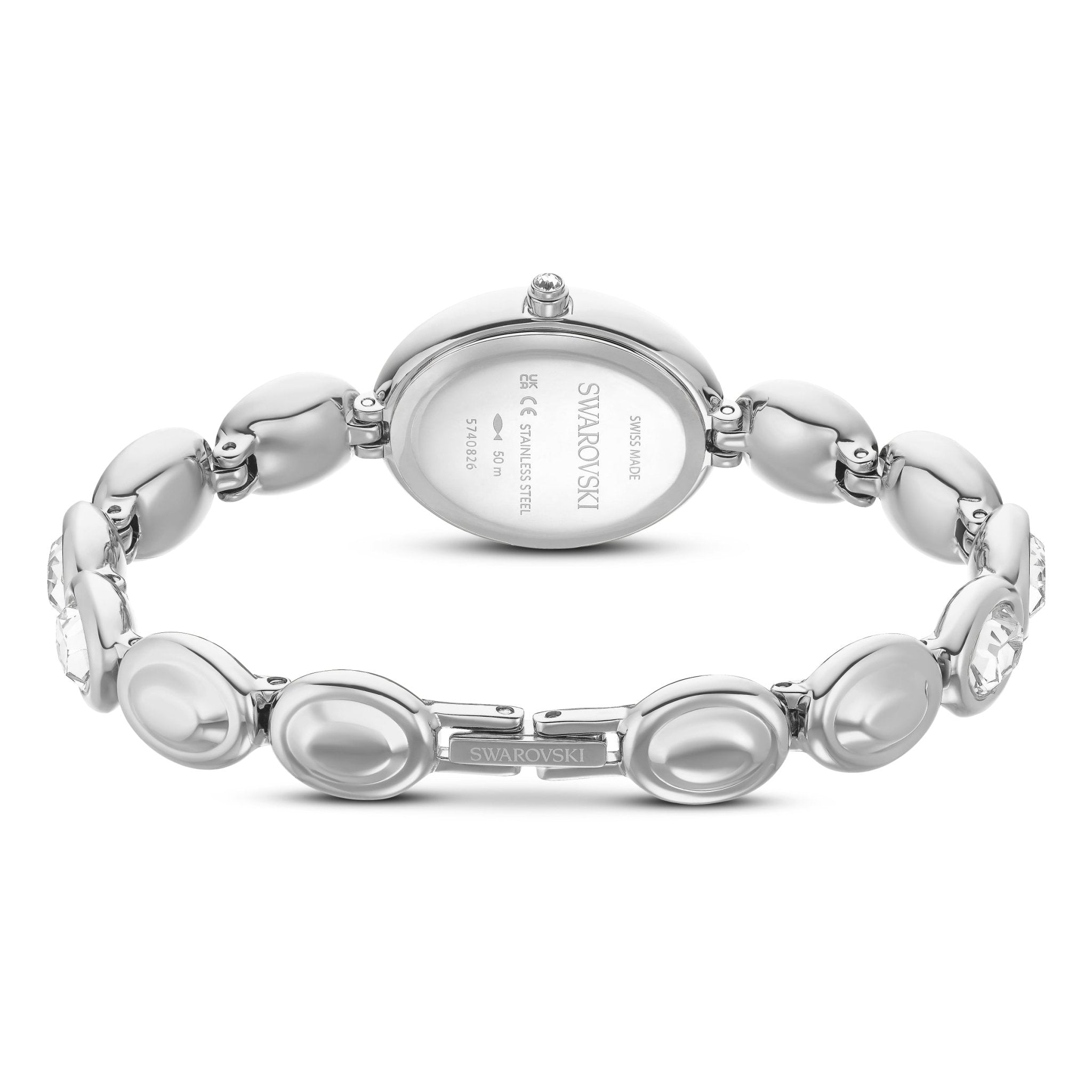 Imber oval watch, Swiss Made, Metal bracelet, Silver tone, Stainless steel -Swarovski