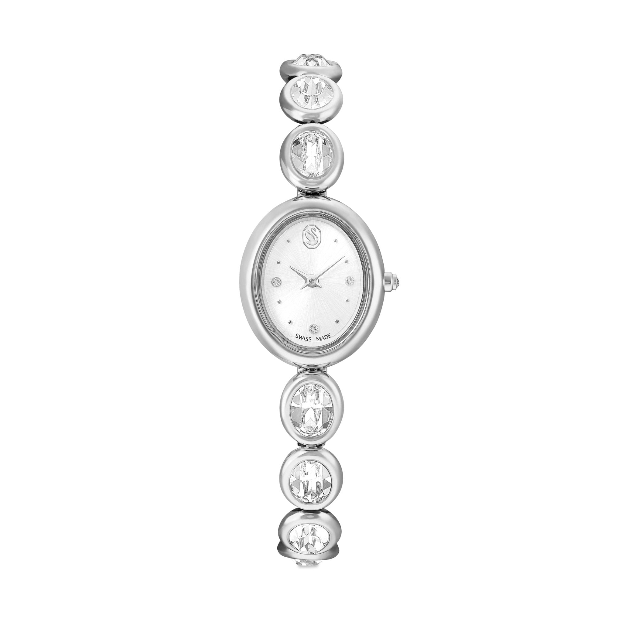 Imber oval watch, Swiss Made, Metal bracelet, Silver tone, Stainless steel -Swarovski