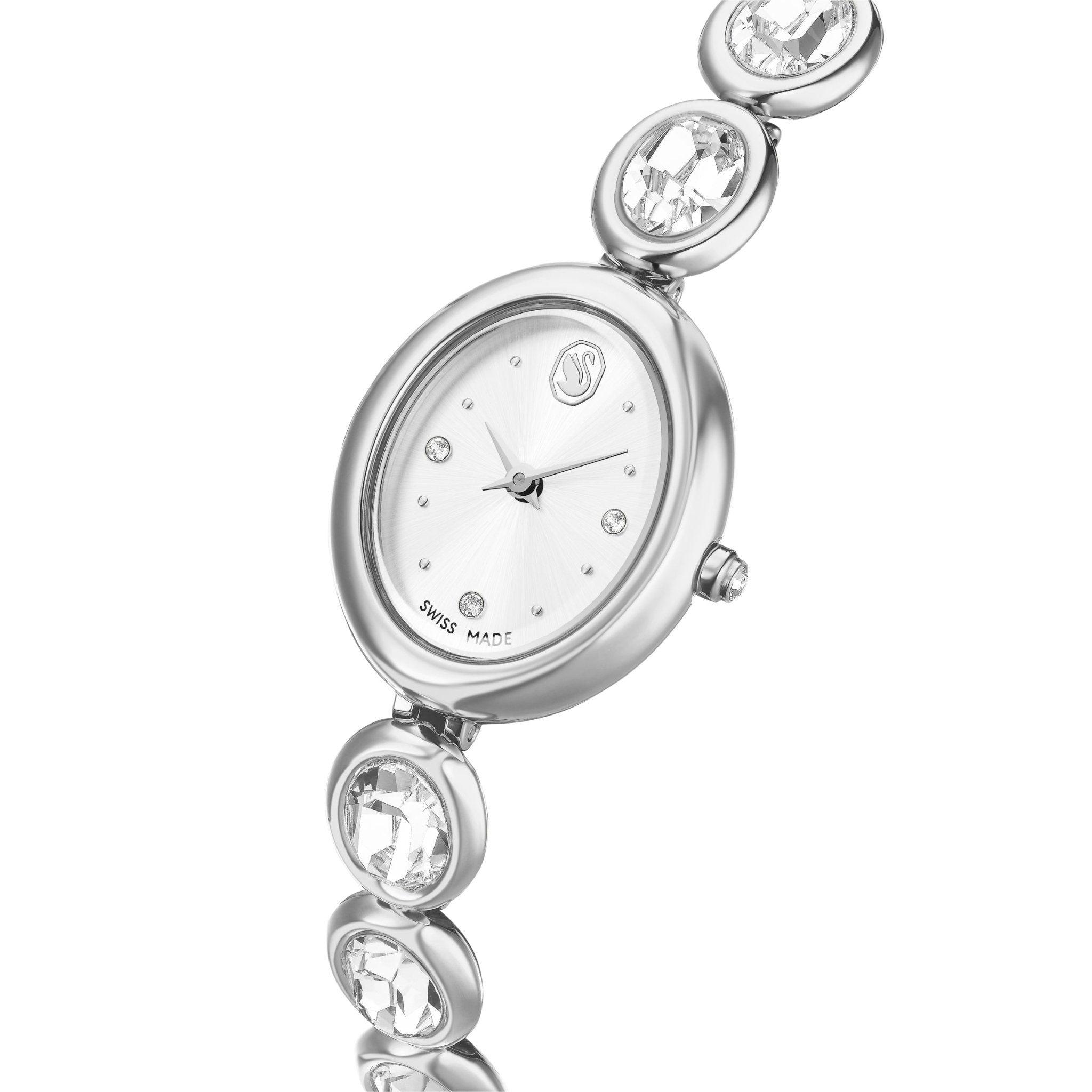 Imber oval watch, Swiss Made, Metal bracelet, Silver tone, Stainless steel -Swarovski