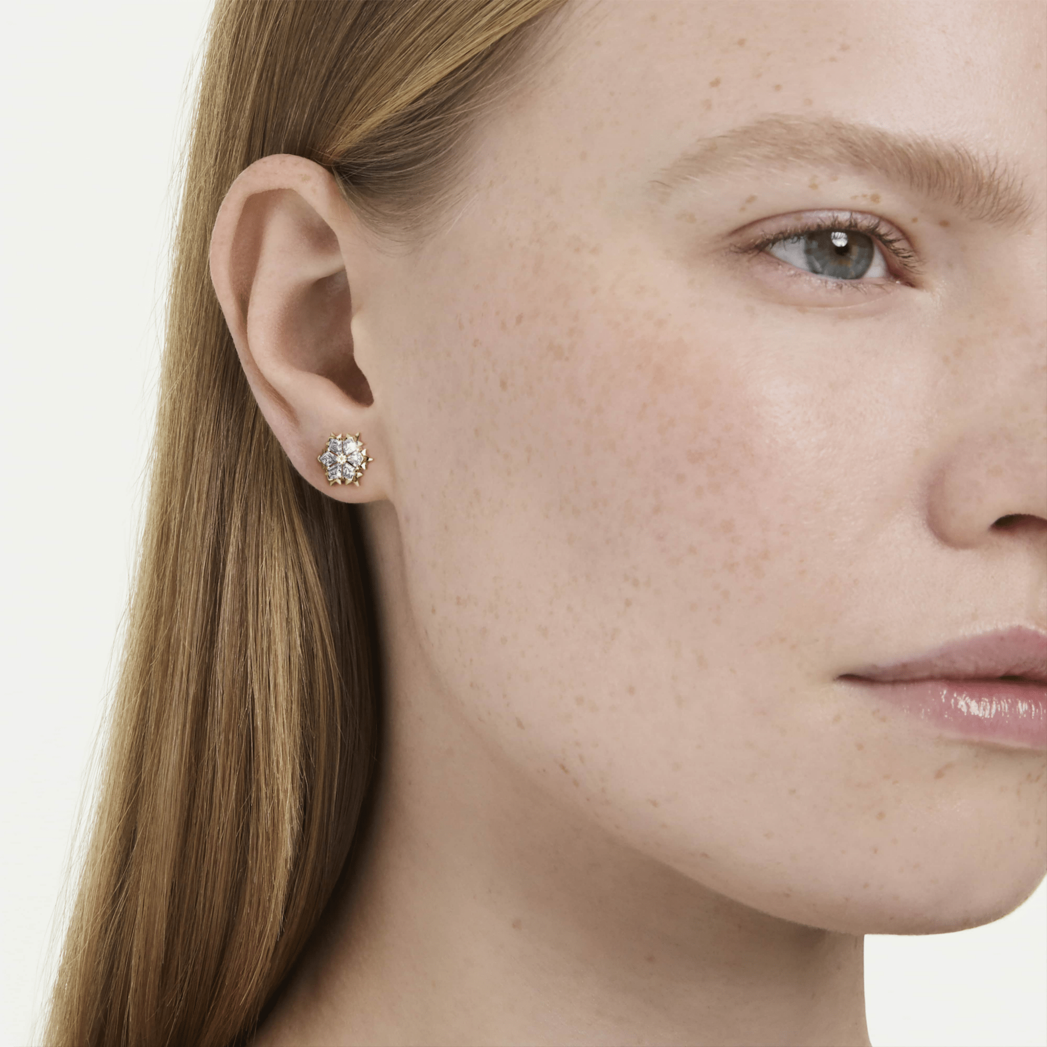 Magic stud earrings, Mixed cuts, Snowflake, White, 18K gold finish -Swarovski