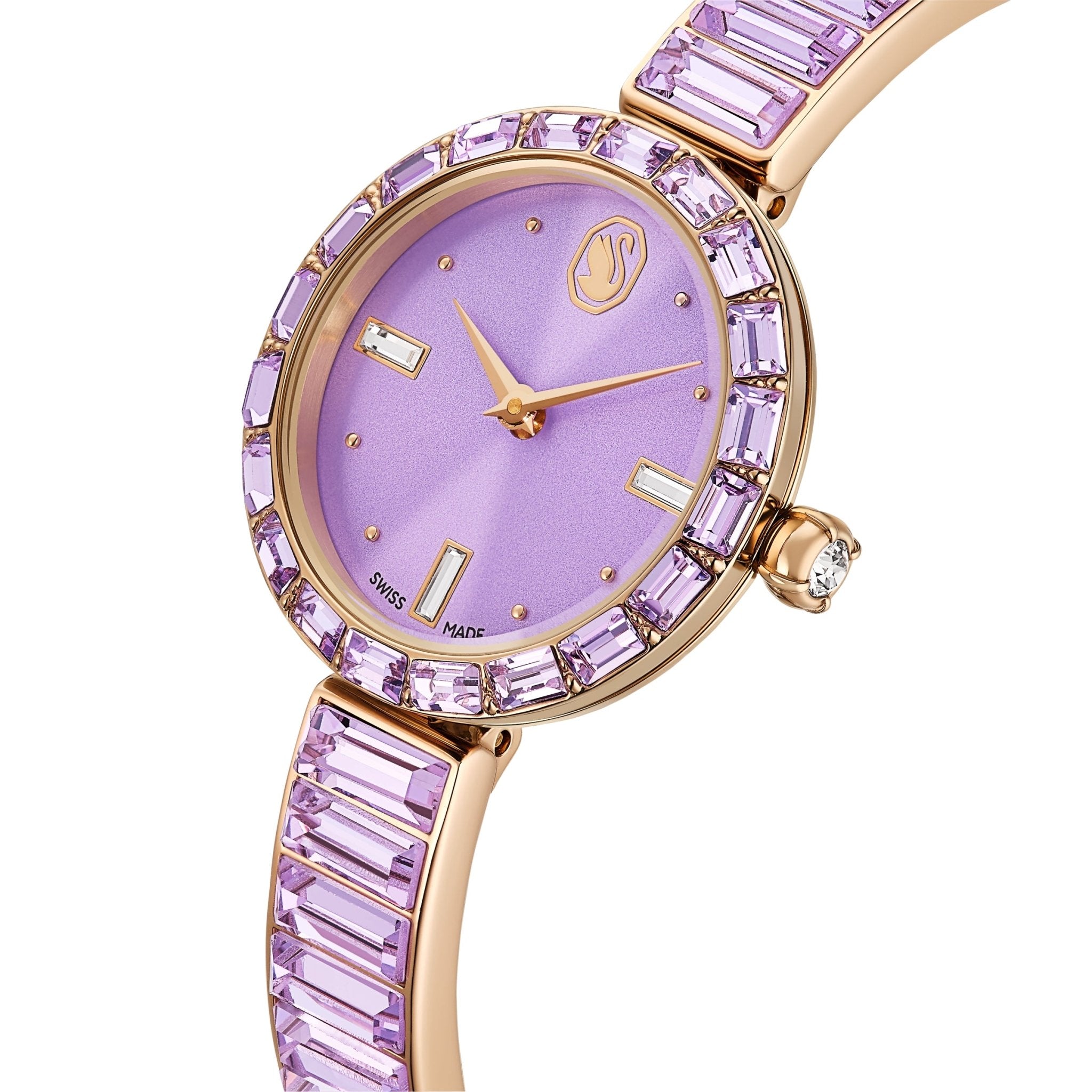 Matrix bangle watch, Swiss Made, Crystal bracelet, Purple, Champagne gold-tone finish -Swarovski