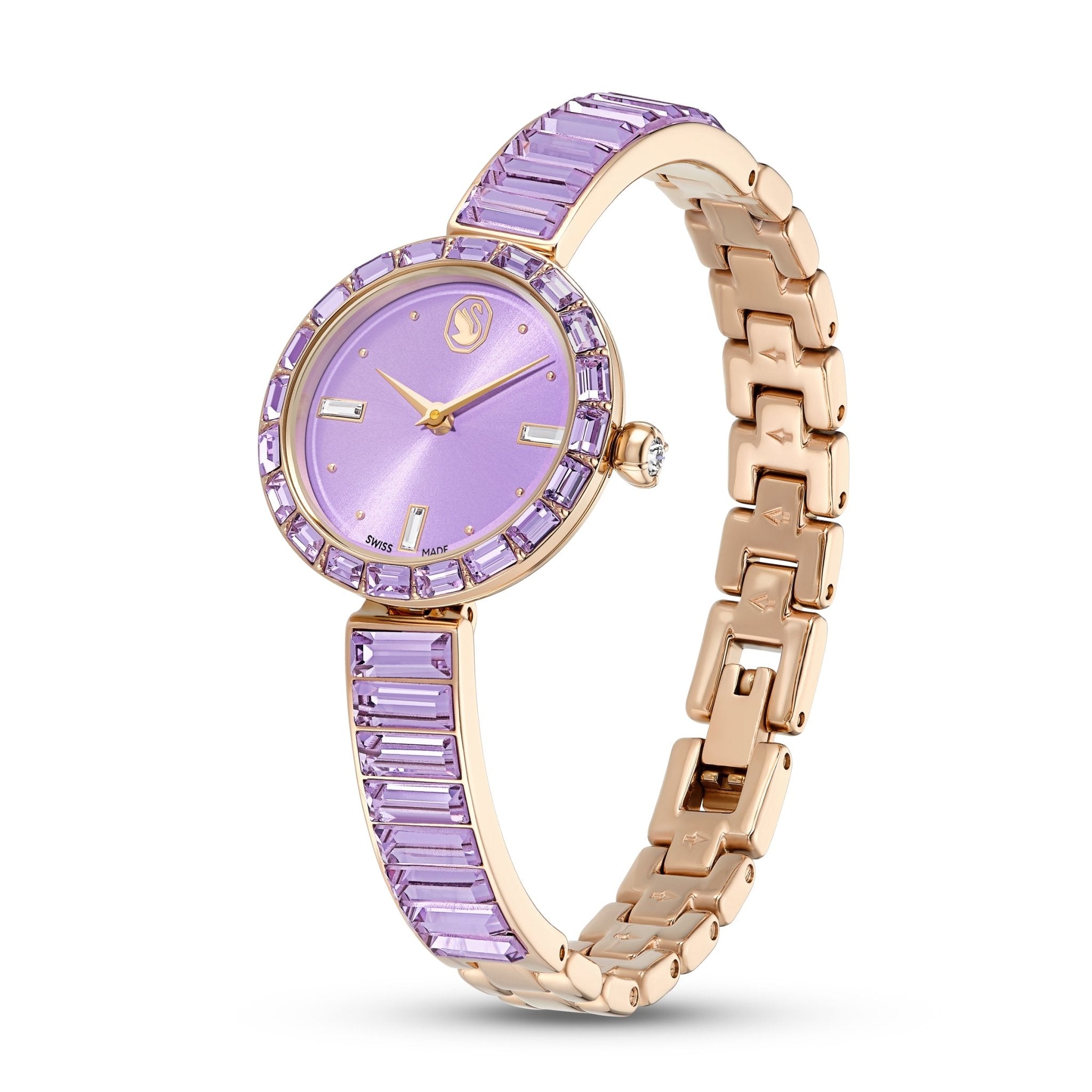 Matrix bangle watch, Swiss Made, Crystal bracelet, Purple, Champagne gold-tone finish -Swarovski
