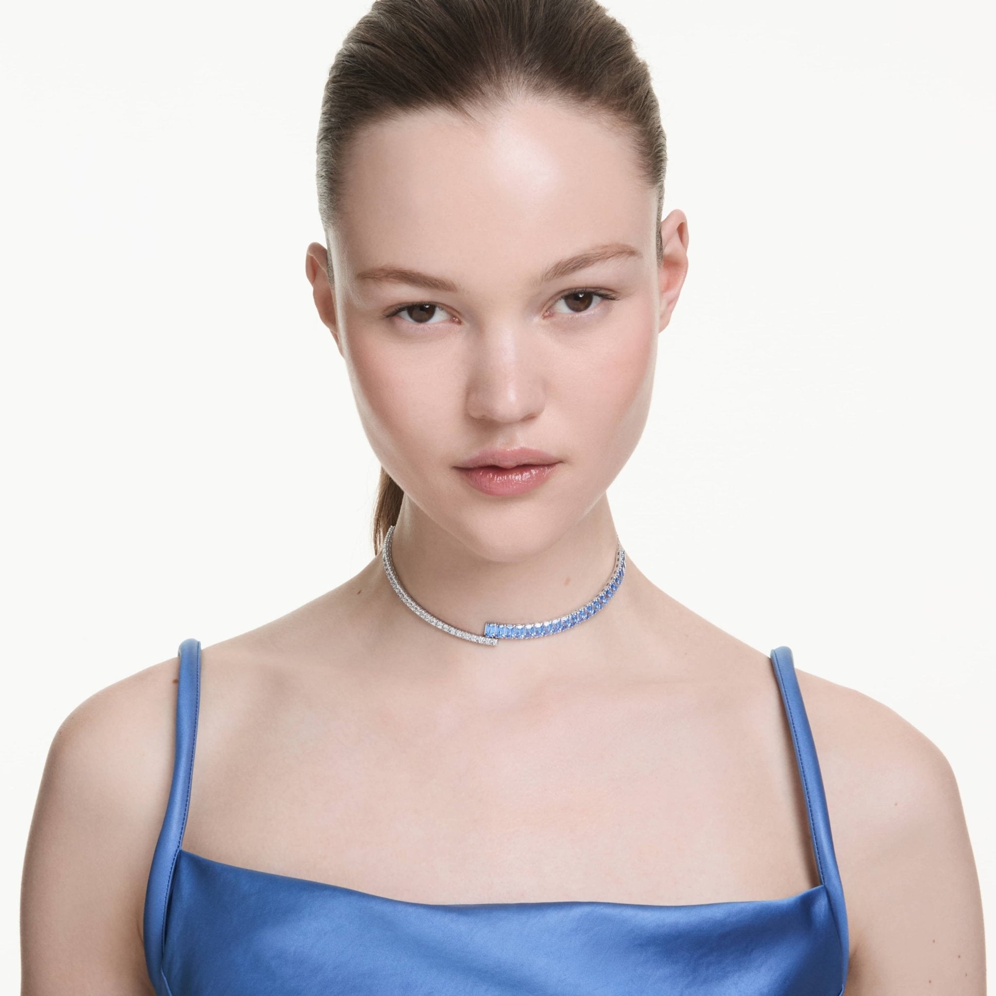 Matrix choker Mixed cuts, Blue, Rhodium plated -Swarovski