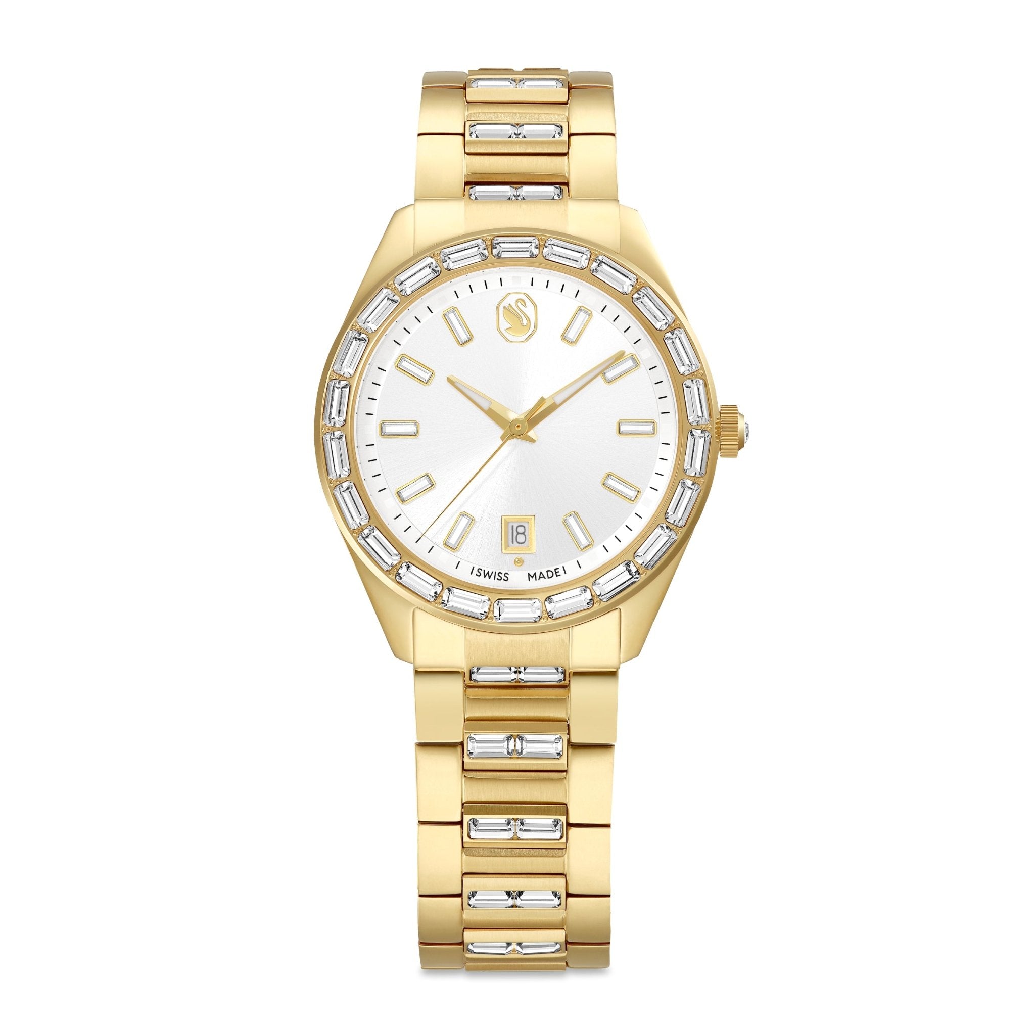 Matrix date watch, Swiss Made, Metal bracelet, Gold tone, Gold-tone finish -Swarovski