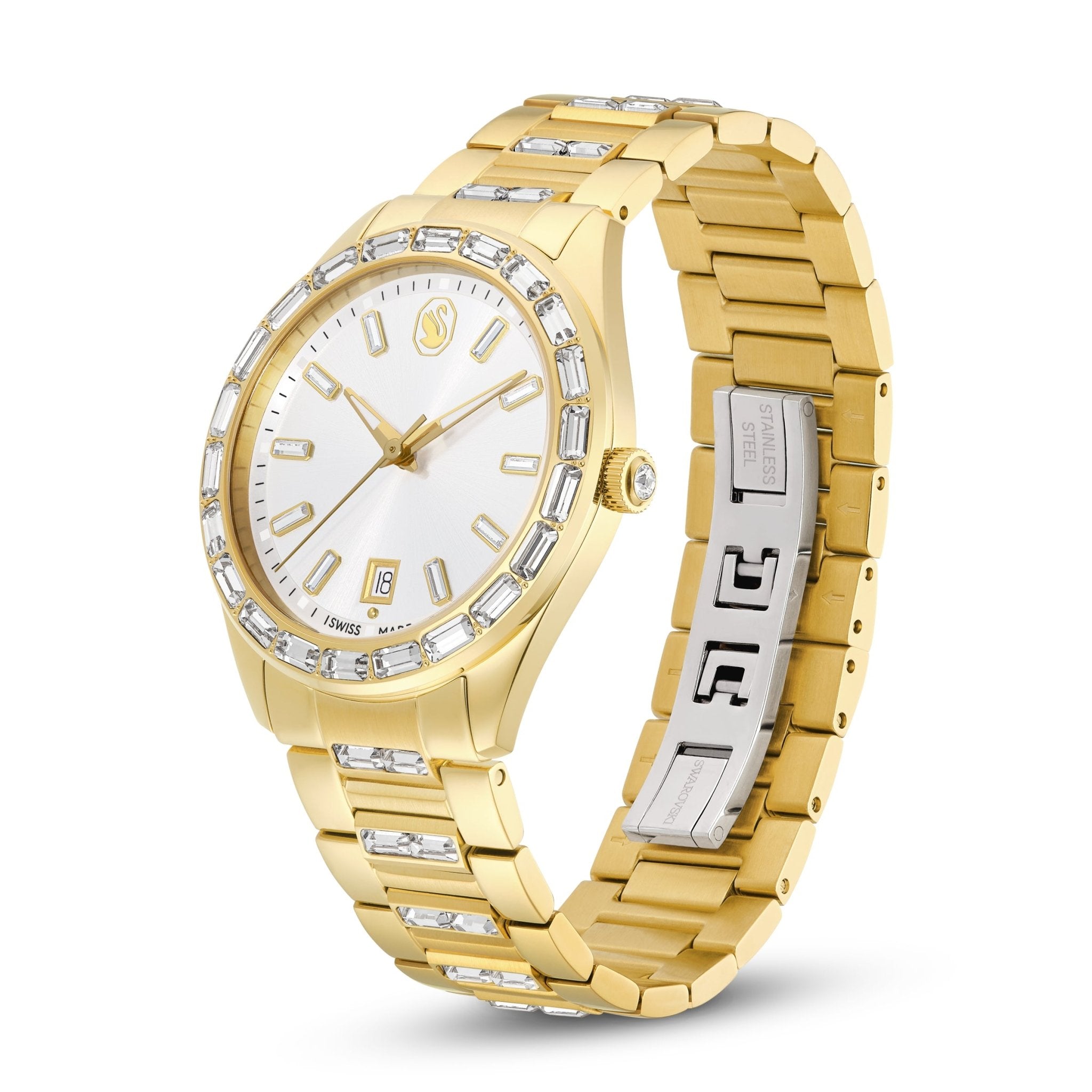 Matrix date watch, Swiss Made, Metal bracelet, Gold tone, Gold-tone finish -Swarovski