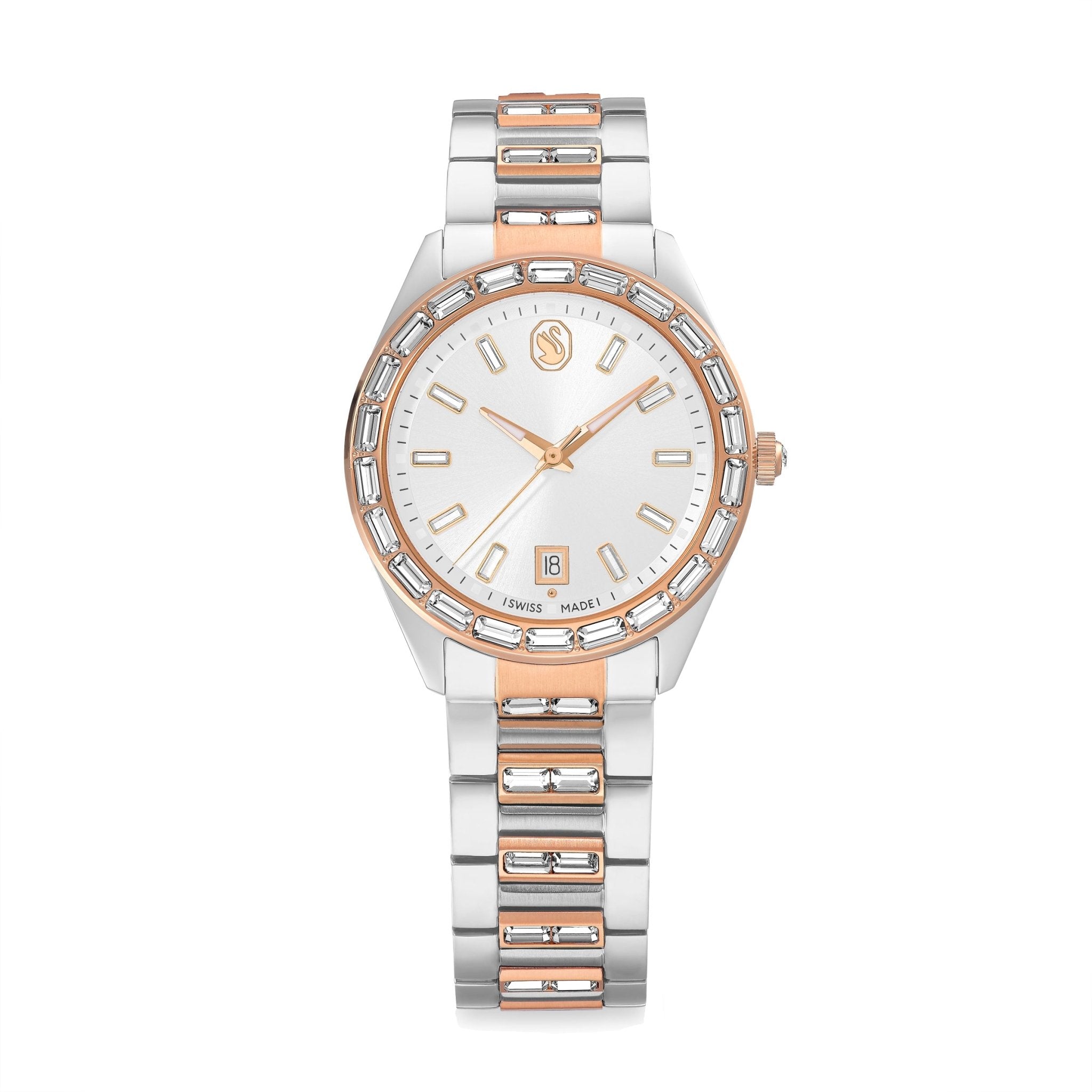 Matrix date watch, Swiss Made, Metal bracelet, Rose gold tone, Mixed metal finish -Swarovski