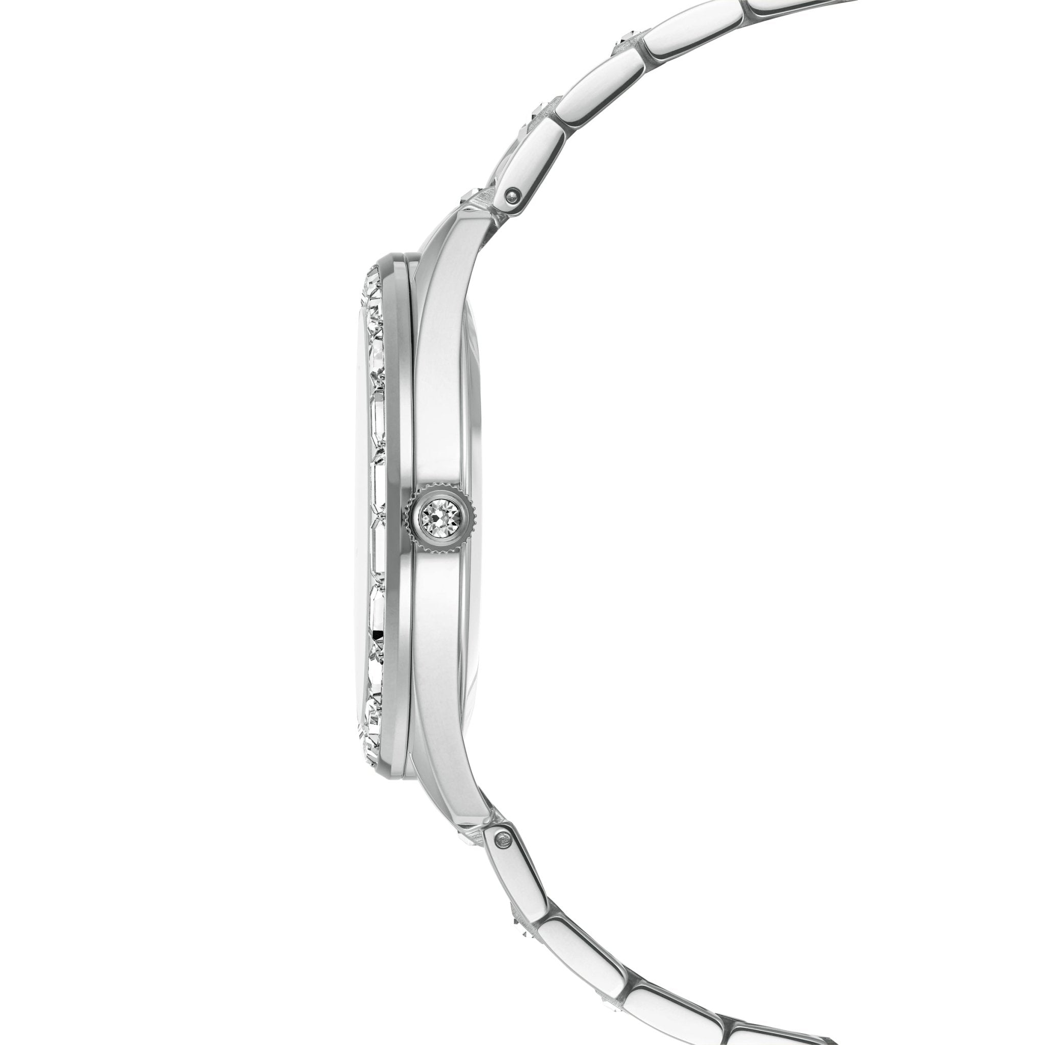 Matrix date watch, Swiss Made, Metal bracelet, Silver tone, Stainless steel -Swarovski